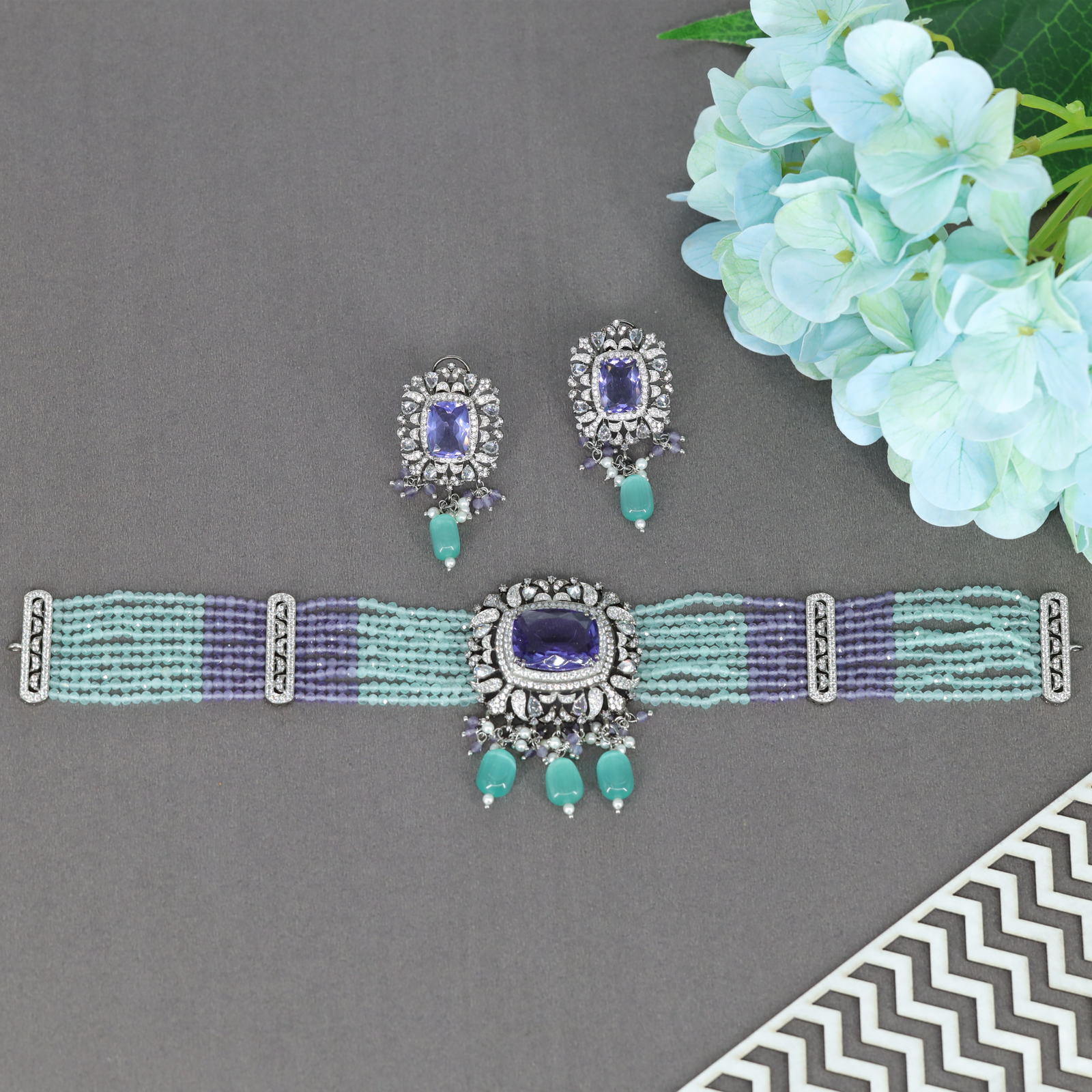 Artisan Crafted Crystal Motif Choker with Layered Beaded Structure