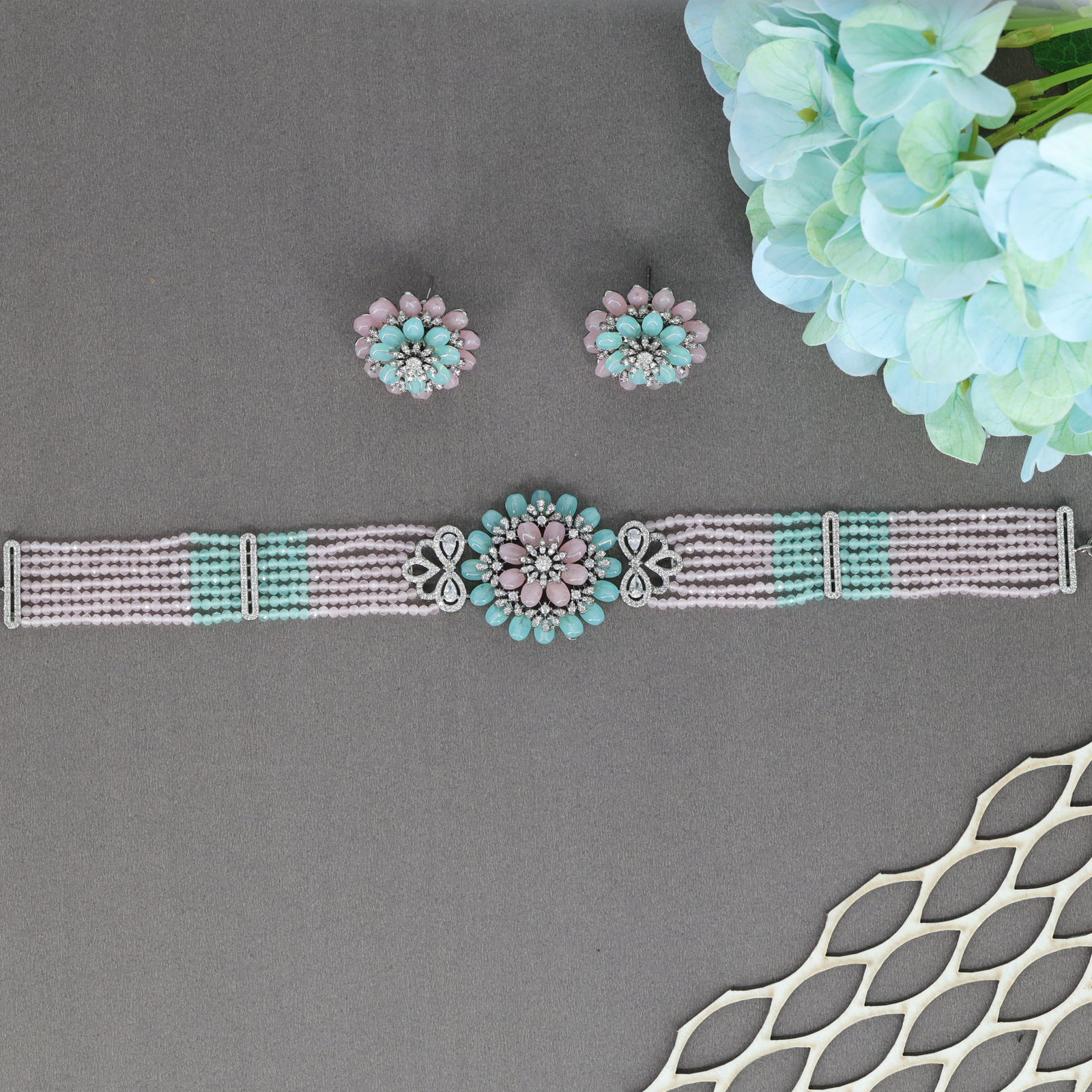 Artistic Flower Motif Crystal Choker with Multi Row Bead Layou
