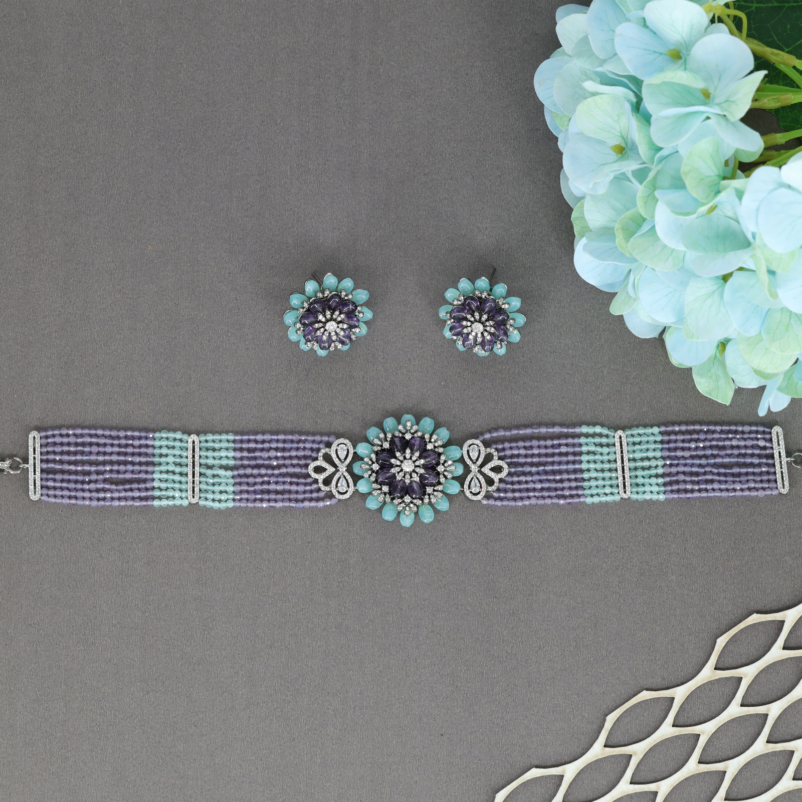 Artistic Flower Motif Crystal Choker with Multi Row Bead Layou