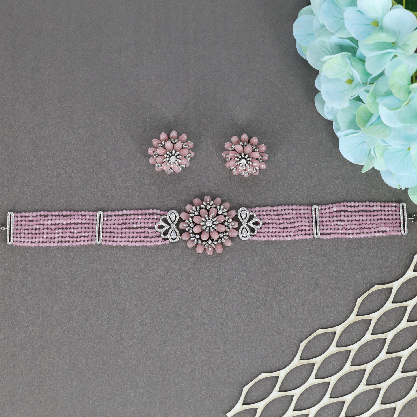 Artistic Flower Motif Crytalstal Choker with Multi Row Bead Layou