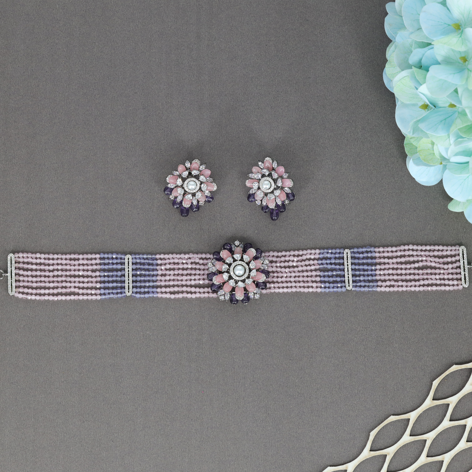 Ornamental Floral Centrepiece Choker with Multi Strand Bead Layout