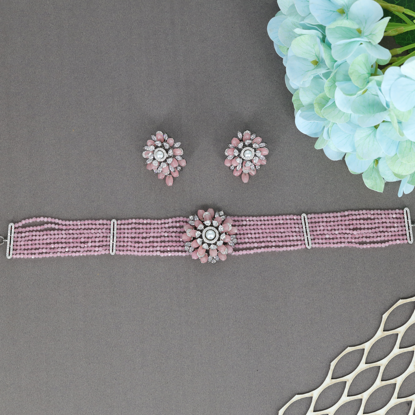 Ornamental Floral Centrepiece Choker with Multi Strand Bead Layout