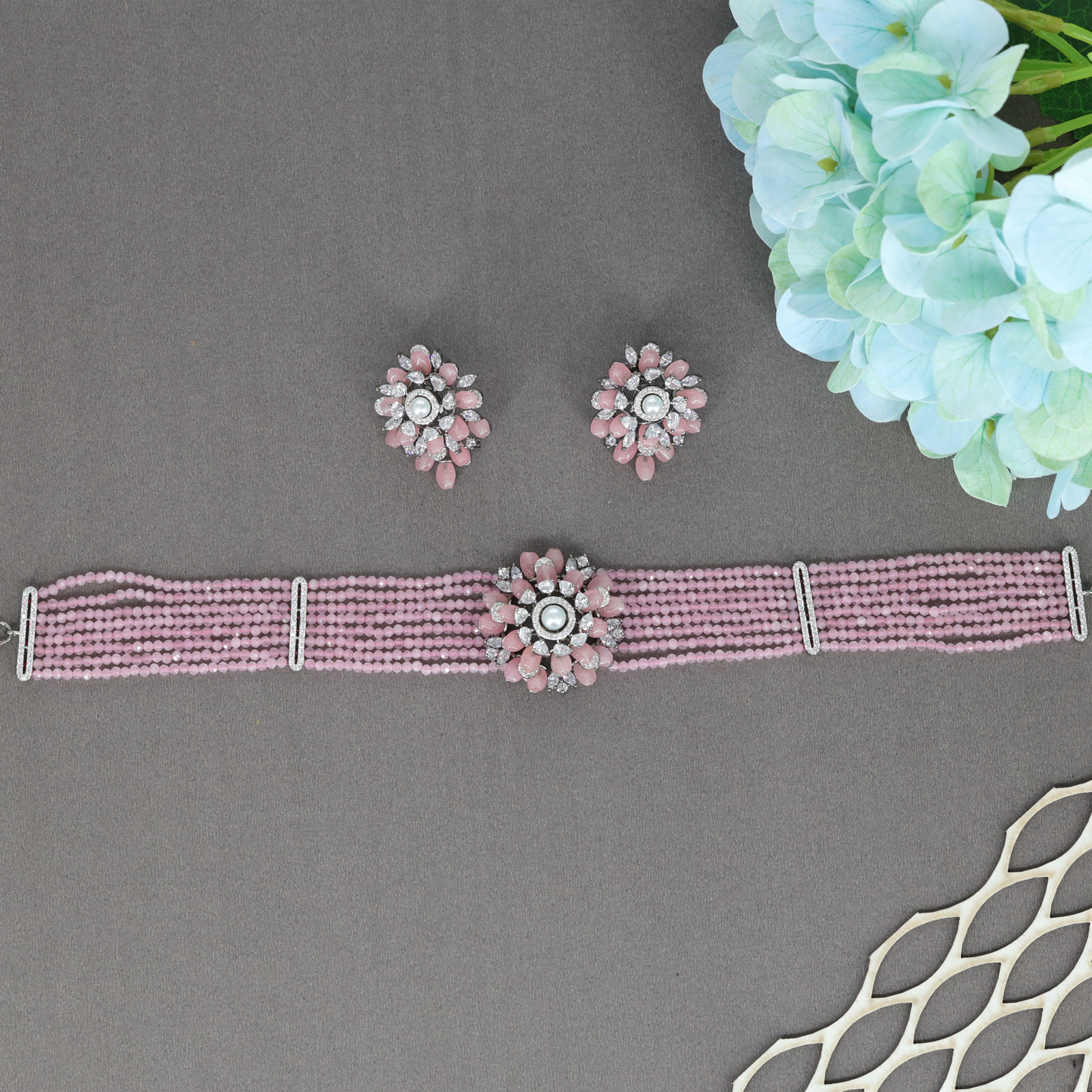Ornamental Floral Centrepiece Choker with Multi Strand Bead Layout