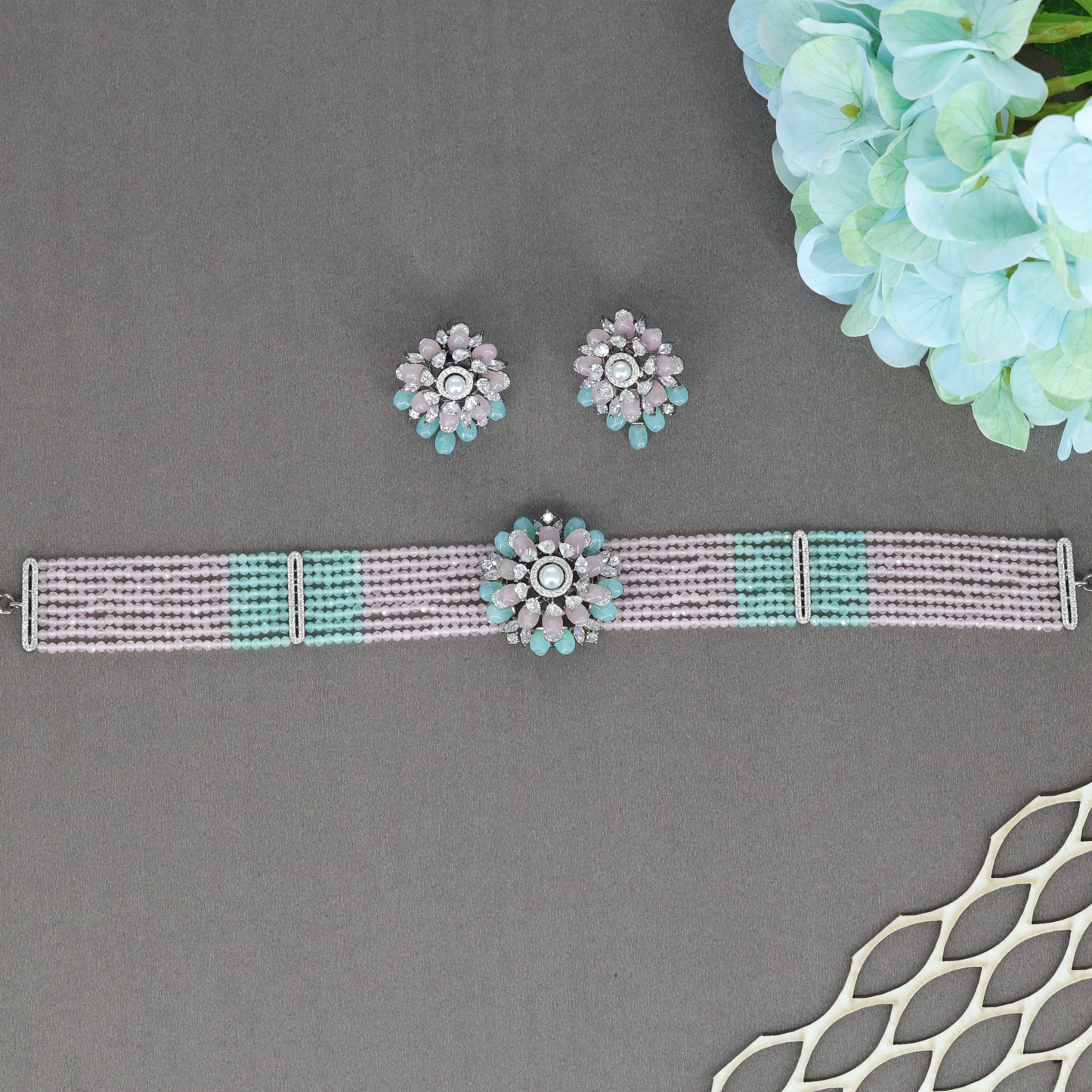 Ornamental Floral Centrepiece Choker with Multi Strand Bead Layout