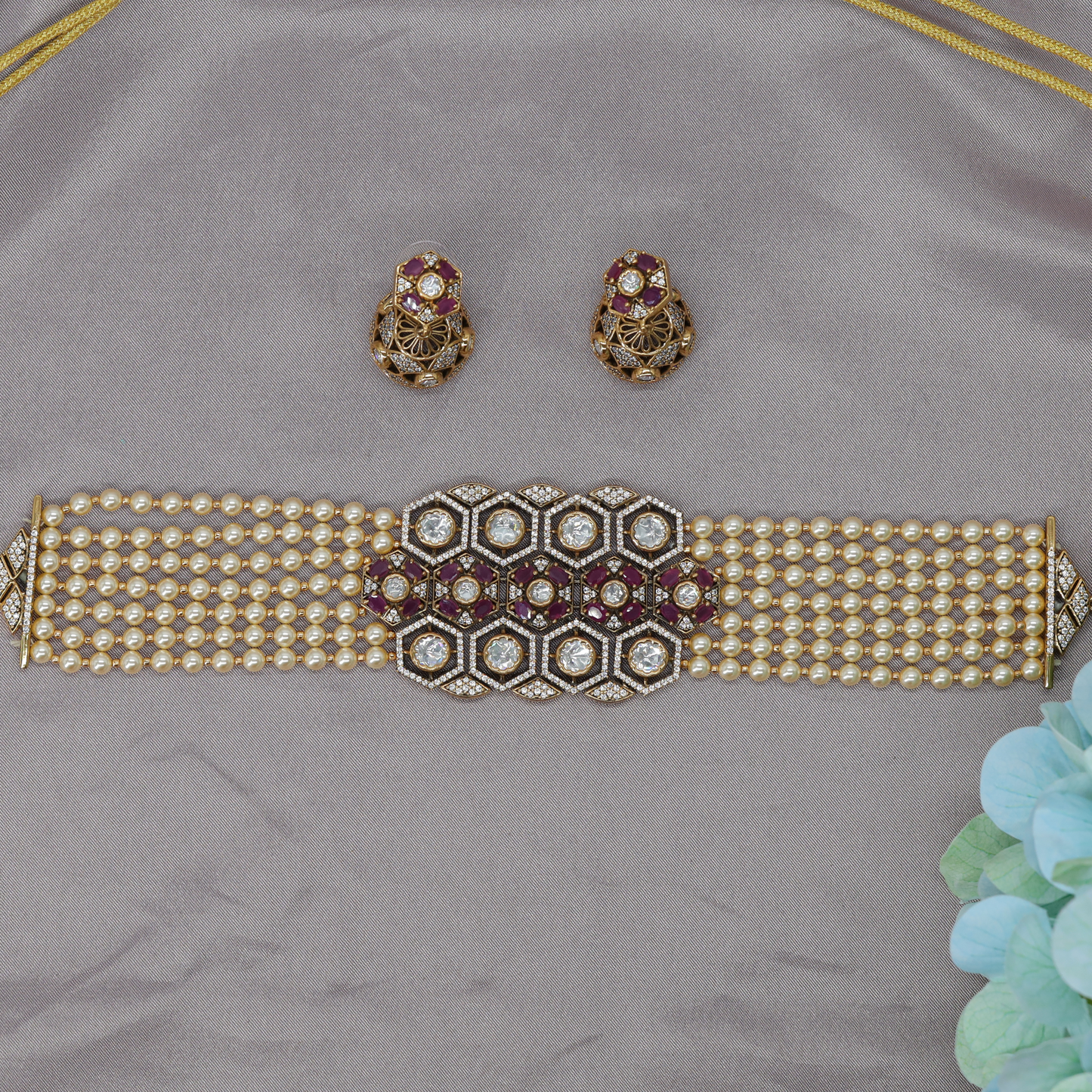 Radiant Hexagon Motif Choker with Layered Pearl Band Structure