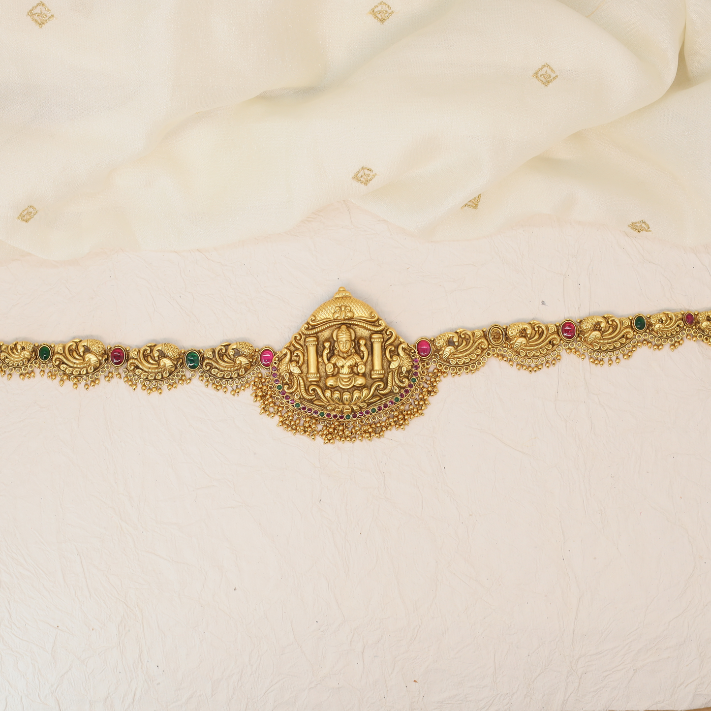 Shrivatsa Lakshmi Shrine Waist Belt with Pillared Crest and Gem Arch Fringe