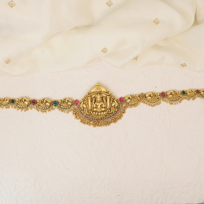 Shrivatsa Lakshmi Shrine Waist Belt with Pillared Crest and Gem Arch Fringe