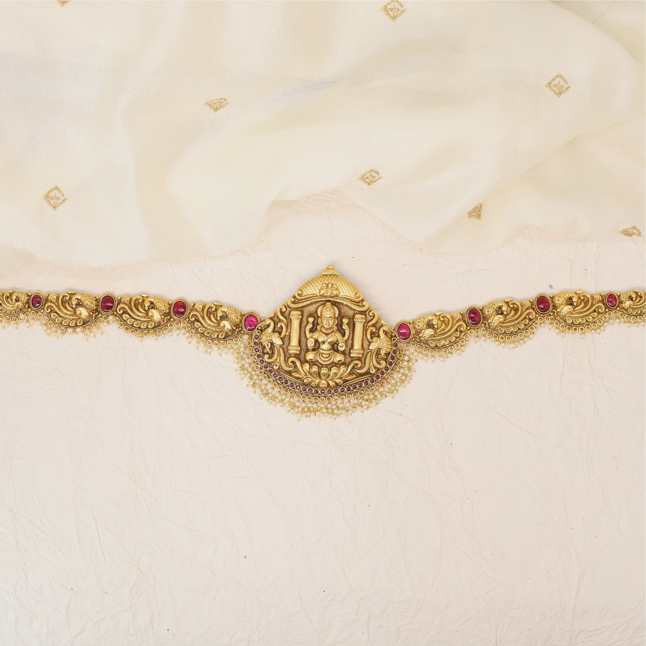 Shrivatsa Lakshmi Shrine Waist Belt with Pillared Crest and Gem Arch Fringe