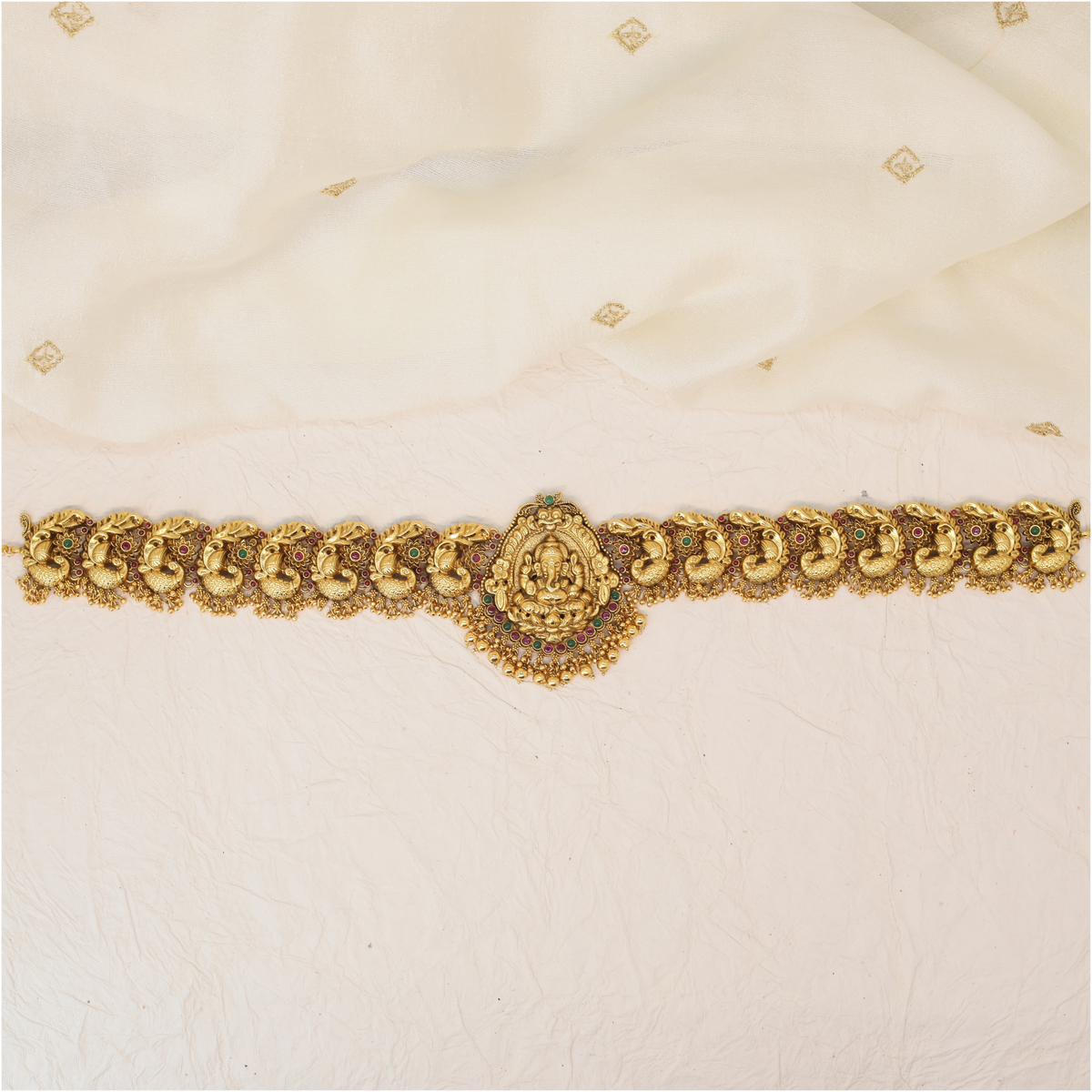 Vinayaka Divine Medallion Waist Belt with Peacock Motif Links and Tassel Fringe