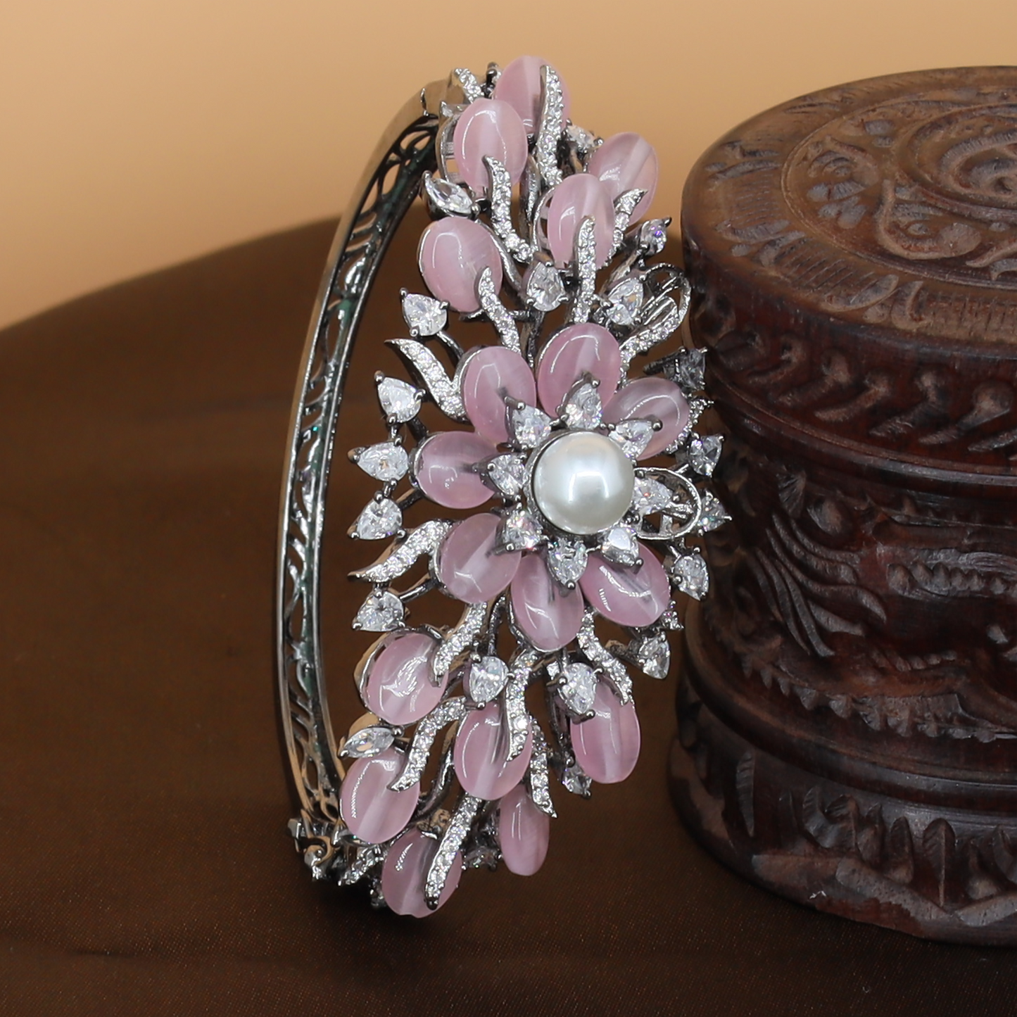 Blossom Cluster Rhodium Kada with Pearl Centre Floral Design