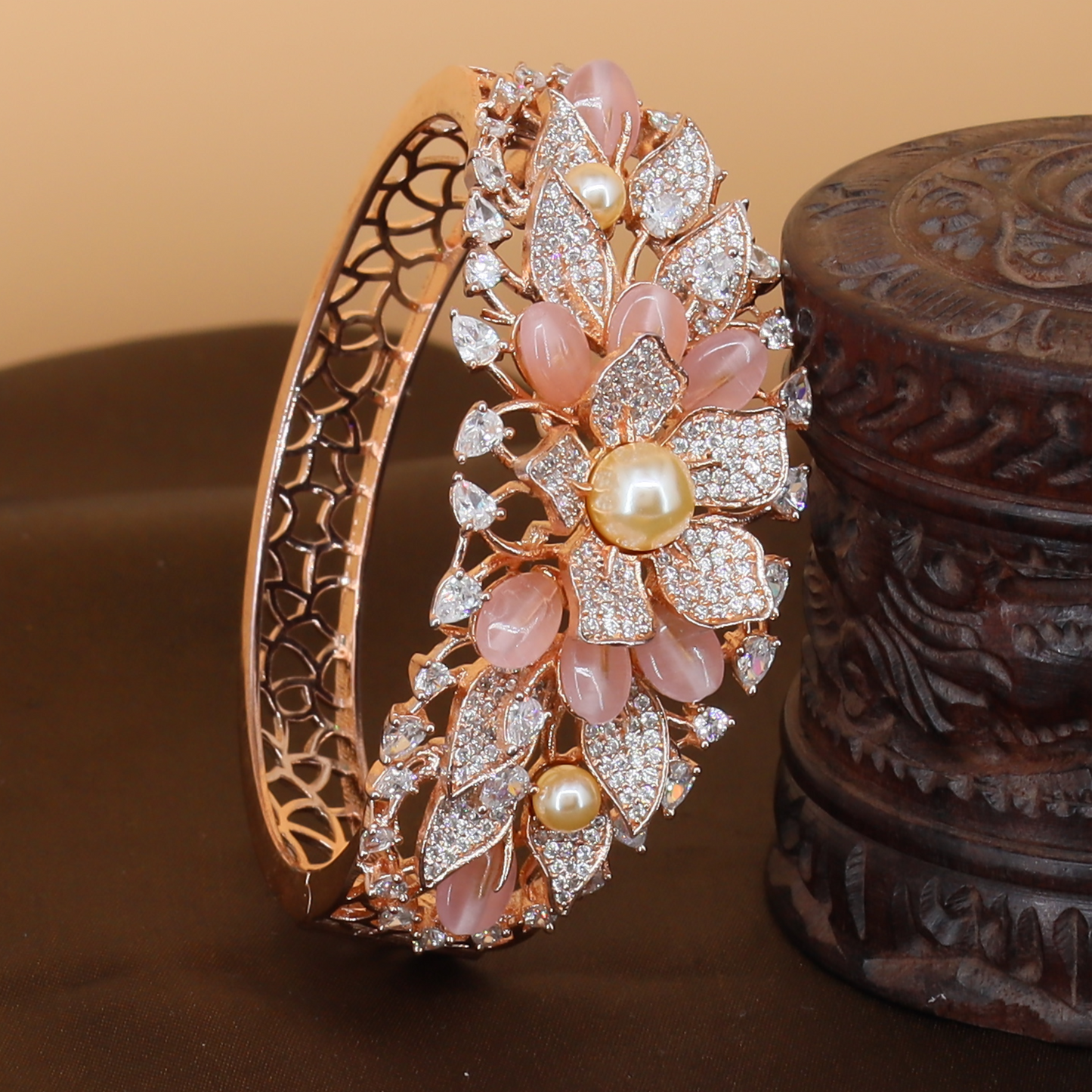 Floral Statement Kada Bangle with Pearl Centre Detailing