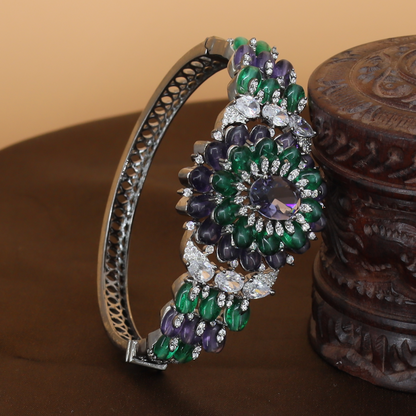 Graceful Floral Cluster Rhodium Kada with Decorative Centrepiece