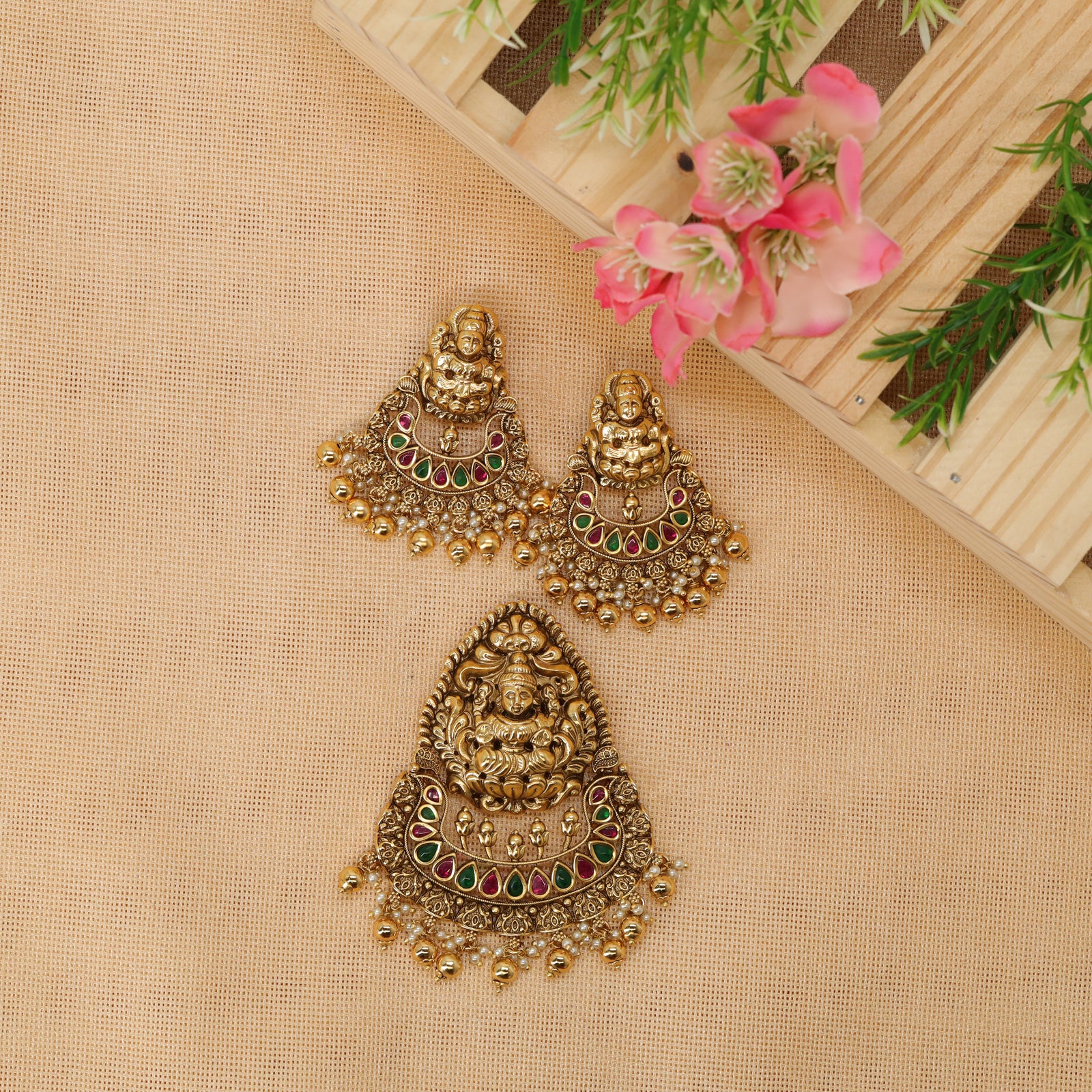 Sacred Lakshmi Medallion Pendant Set with Crescent Petal Panel and Bead Fringe