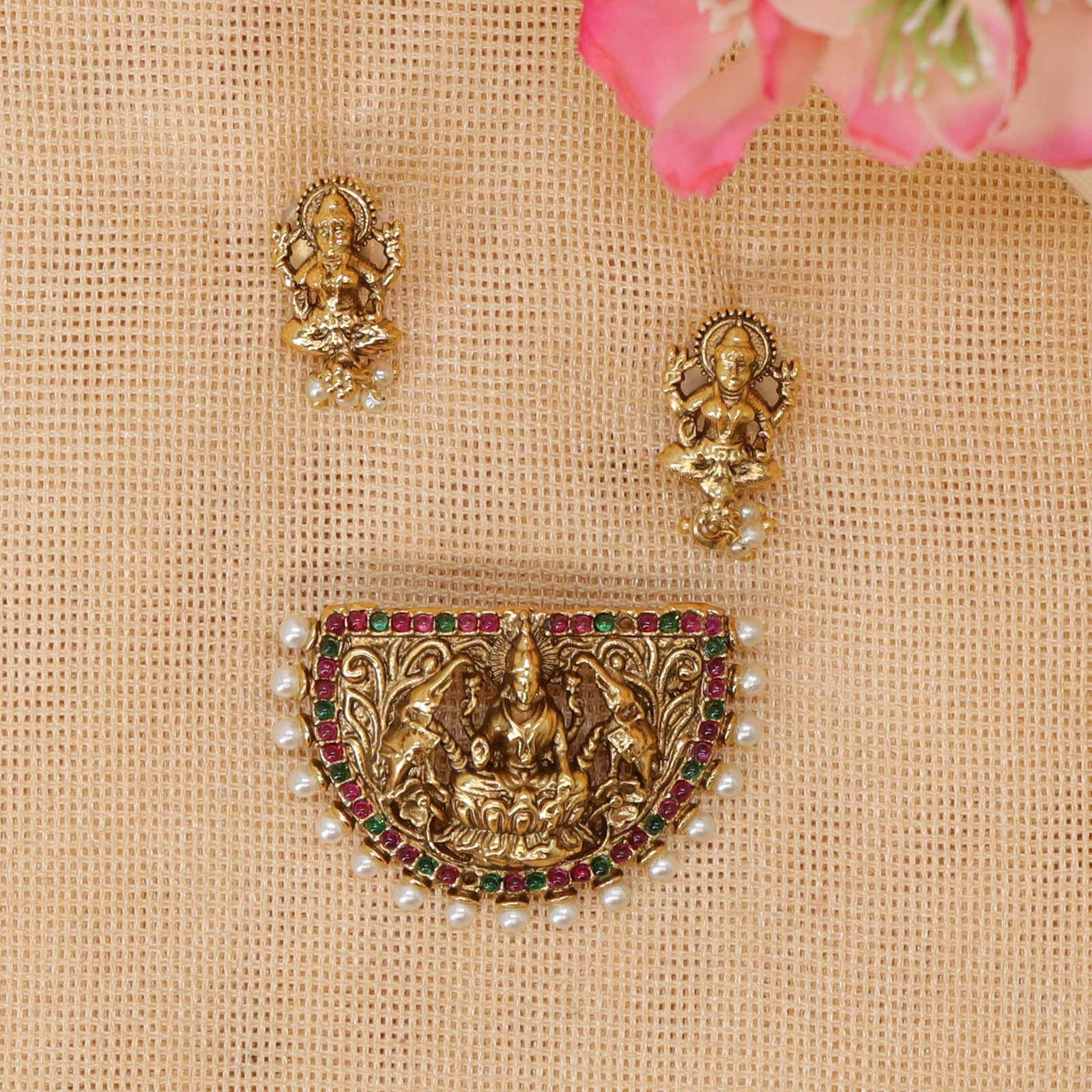 Lakshmi Sanctum Crescent Pendant Set with Twin Elephant Panels and Pearl Fringe