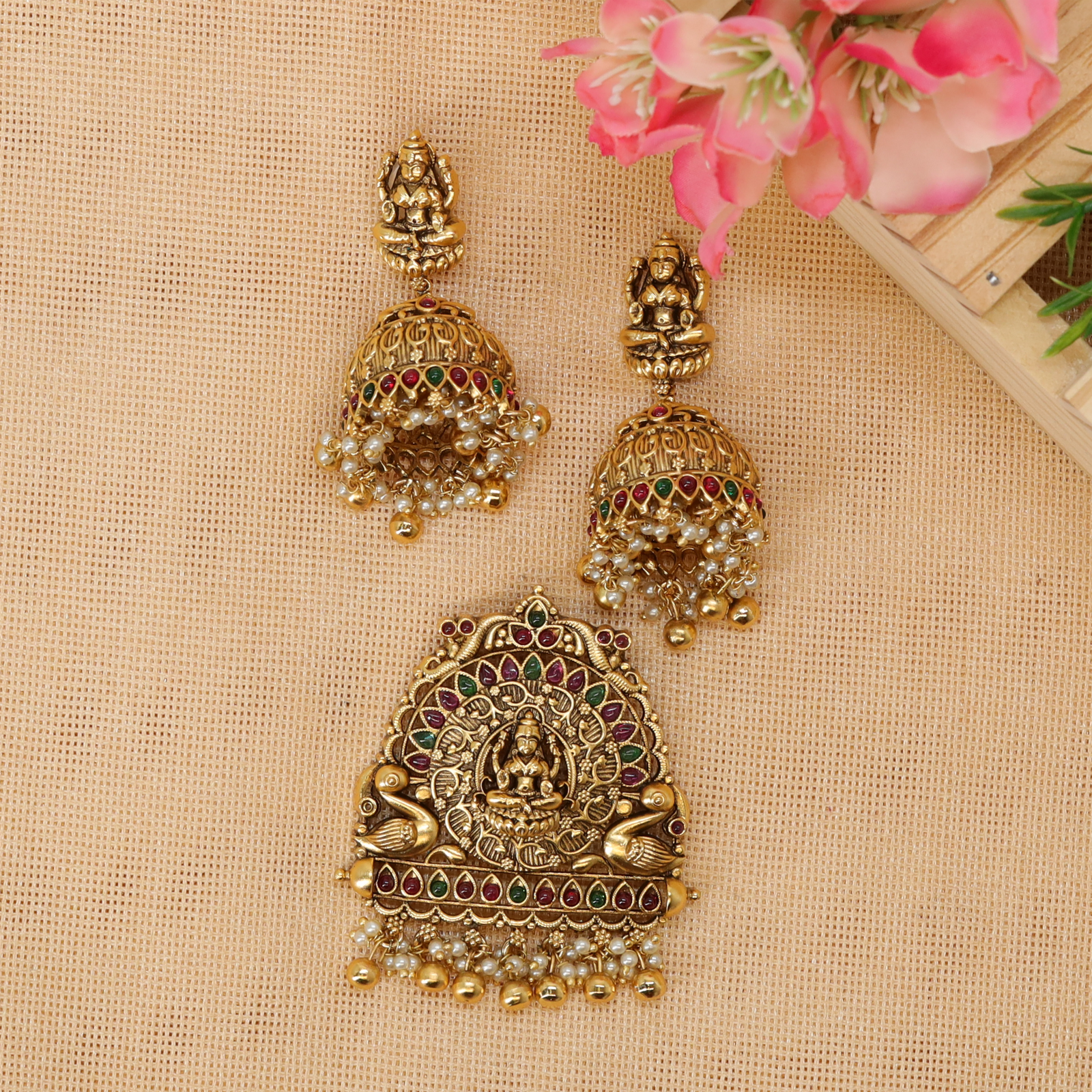 Lakshmi Sanctum Arch Pendant Set with Twin Swan Panels and Bead Fringe