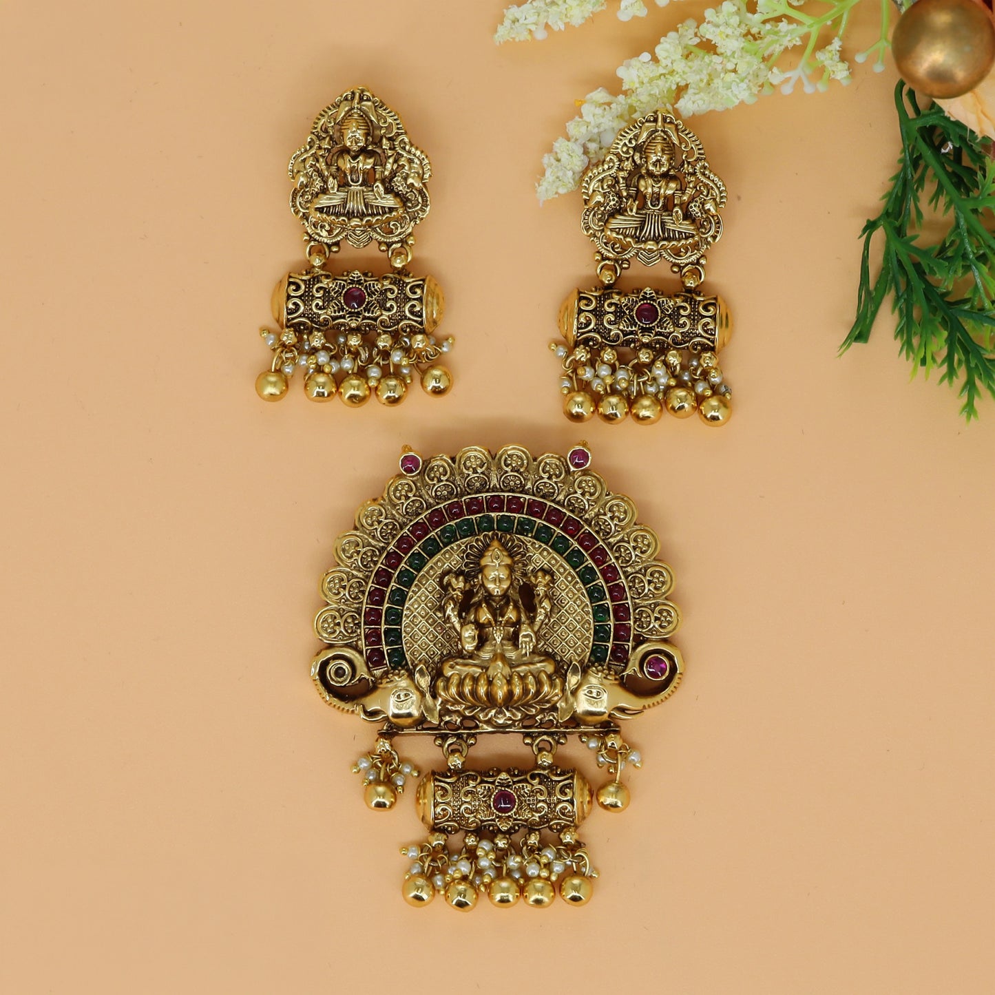 Antique Lakshmi pendant set with twin elephant detailing and hanging bead drops