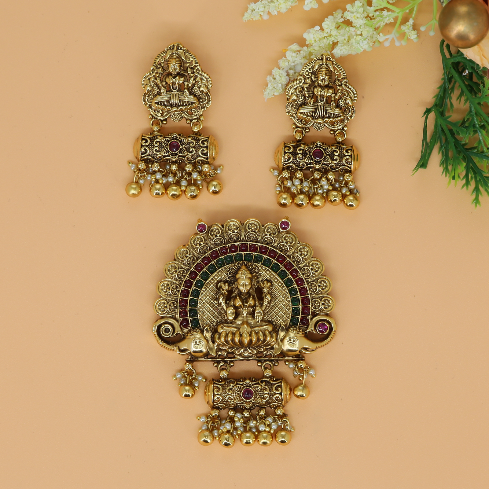Divine Lakshmi Temple Pendant Set with Decorative Elephant Panels
