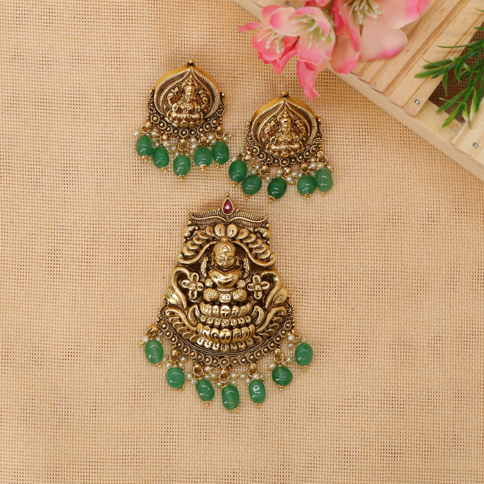 Lakshmi Shrine Medallion Pendant Set with Arch Motif Frame and Bead Fringe
