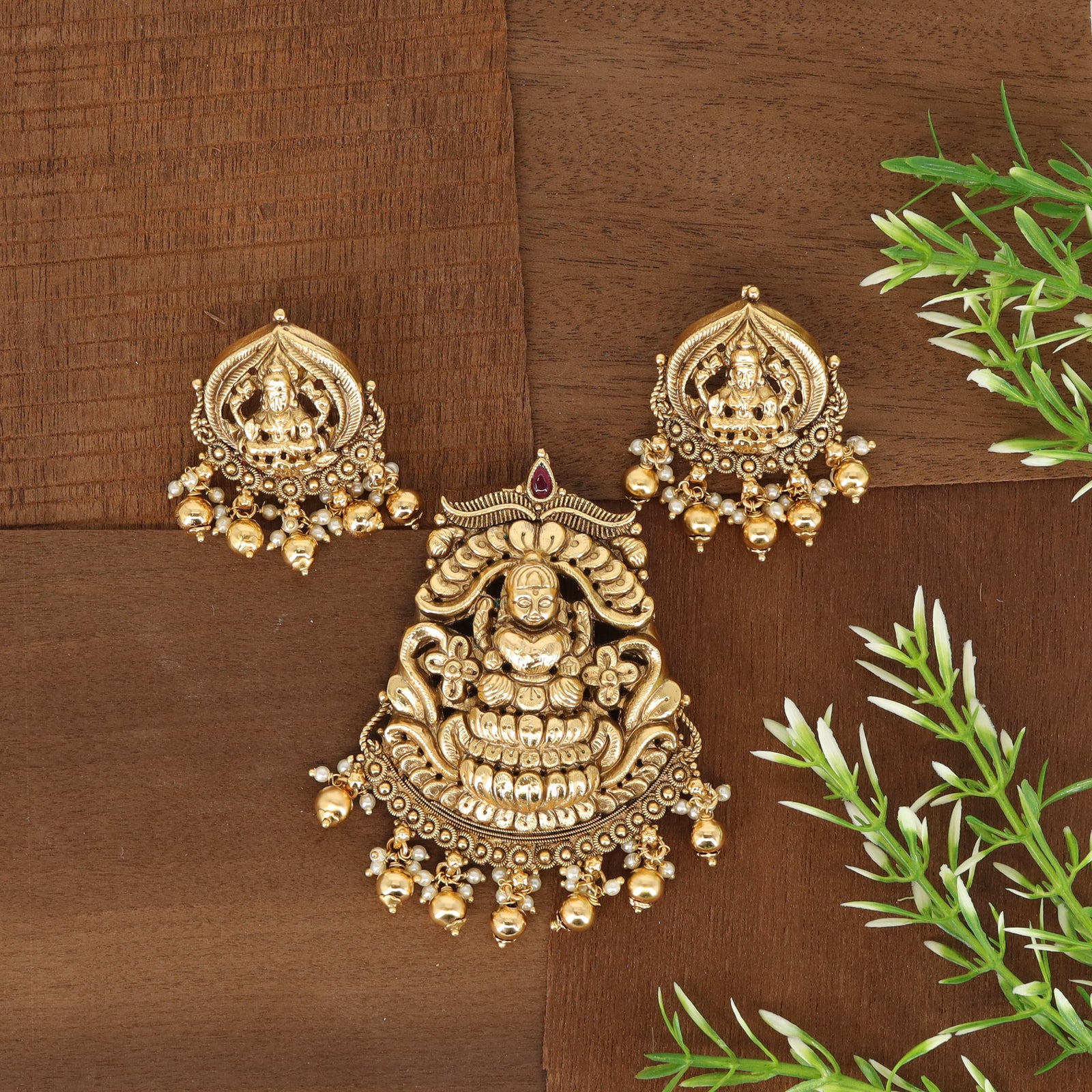 Lakshmi Shrine Medallion Pendant Set with Arch Motif Frame and Bead Fringe