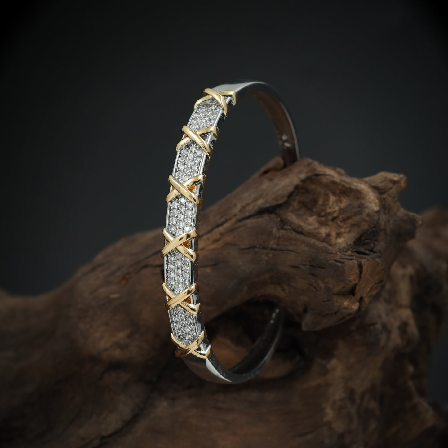 Crisscross Band Bracelet with PavÃ© Surface and Raised X Pattern Detailing