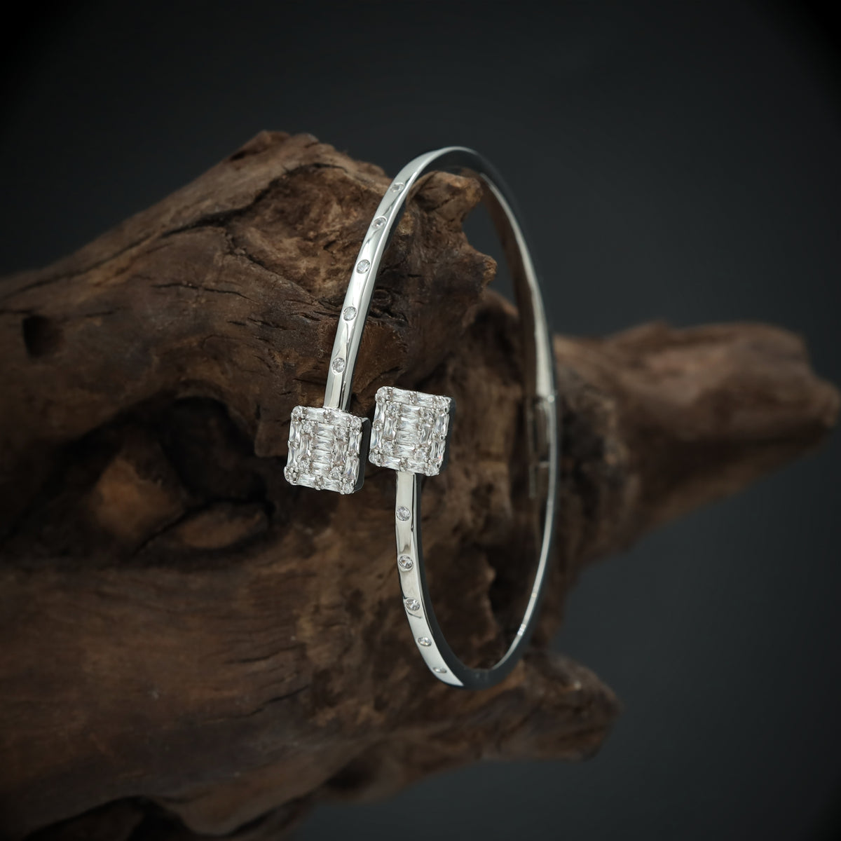 Sculpted Open Cuff Bracelet with Dual Square Cluster Ends and Dot Accent Band
