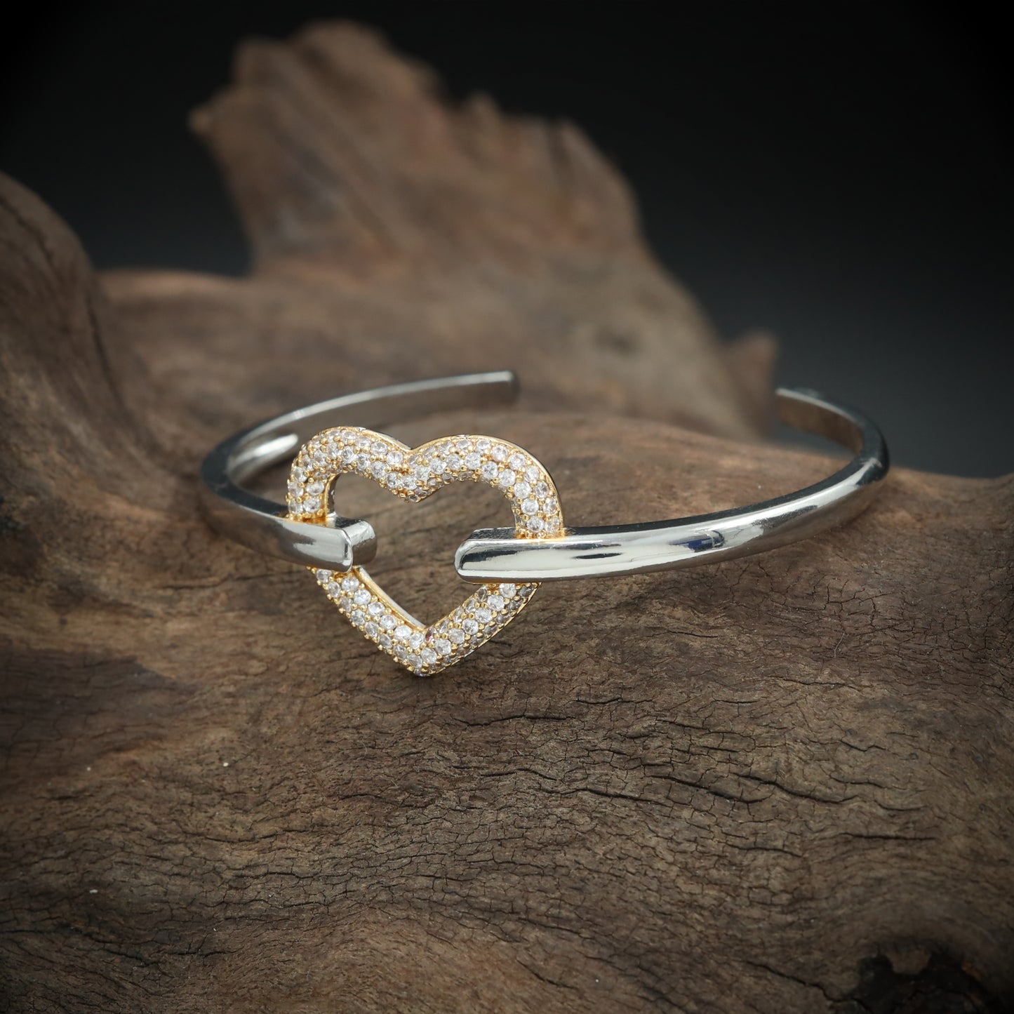Romantic Open Cuff Bracelet with Heart Frame and Studded Detailing