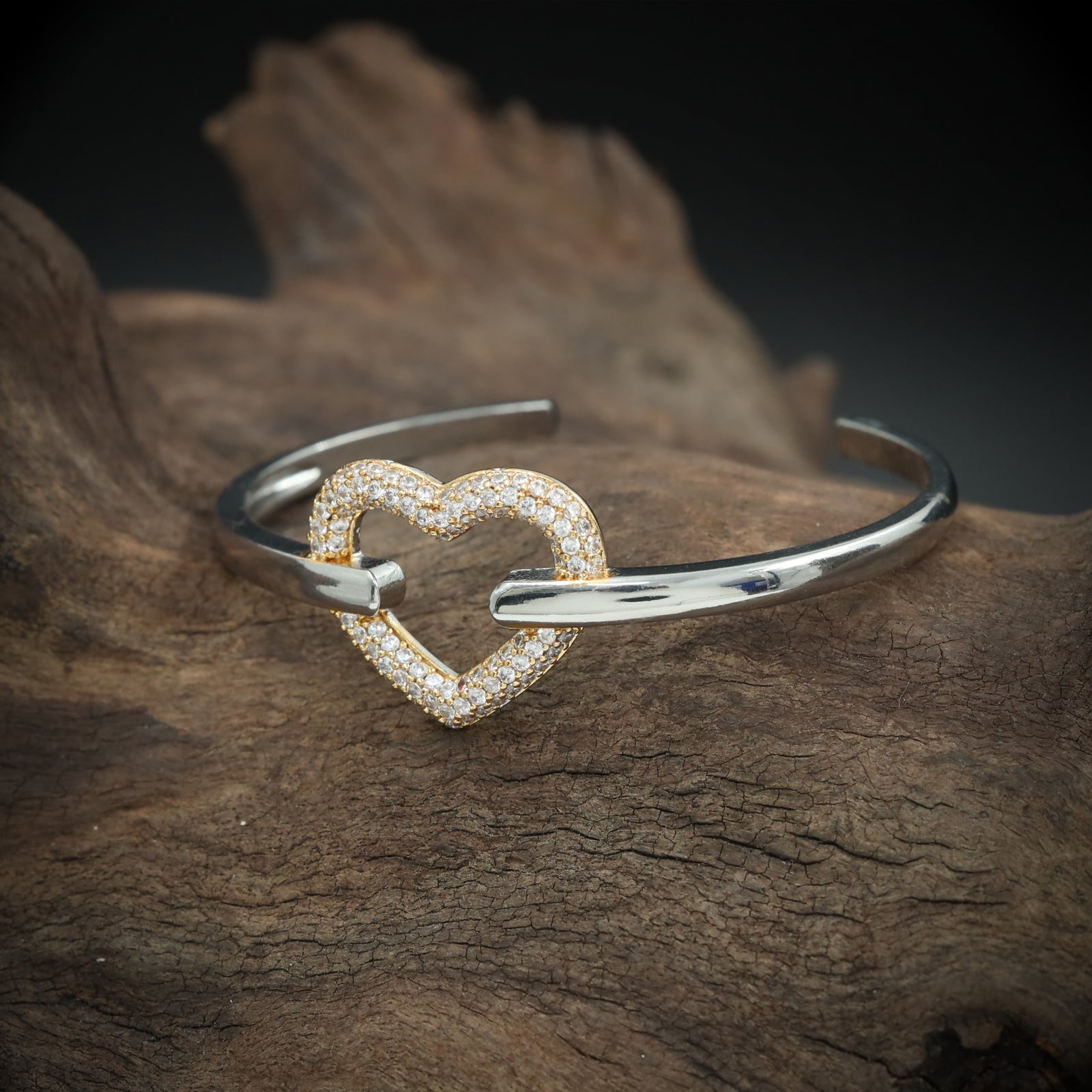 Romantic Open Cuff Bracelet with Heart Frame and Studded Detailing