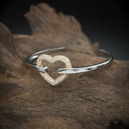 Romantic Open Cuff Bracelet with Heart Frame and Studded Detailing