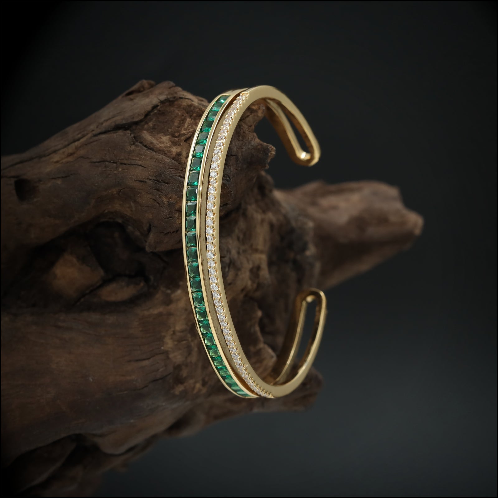 Sleek Dual Line Open Cuff Bracelet with Channel Set Accents and Studded Border