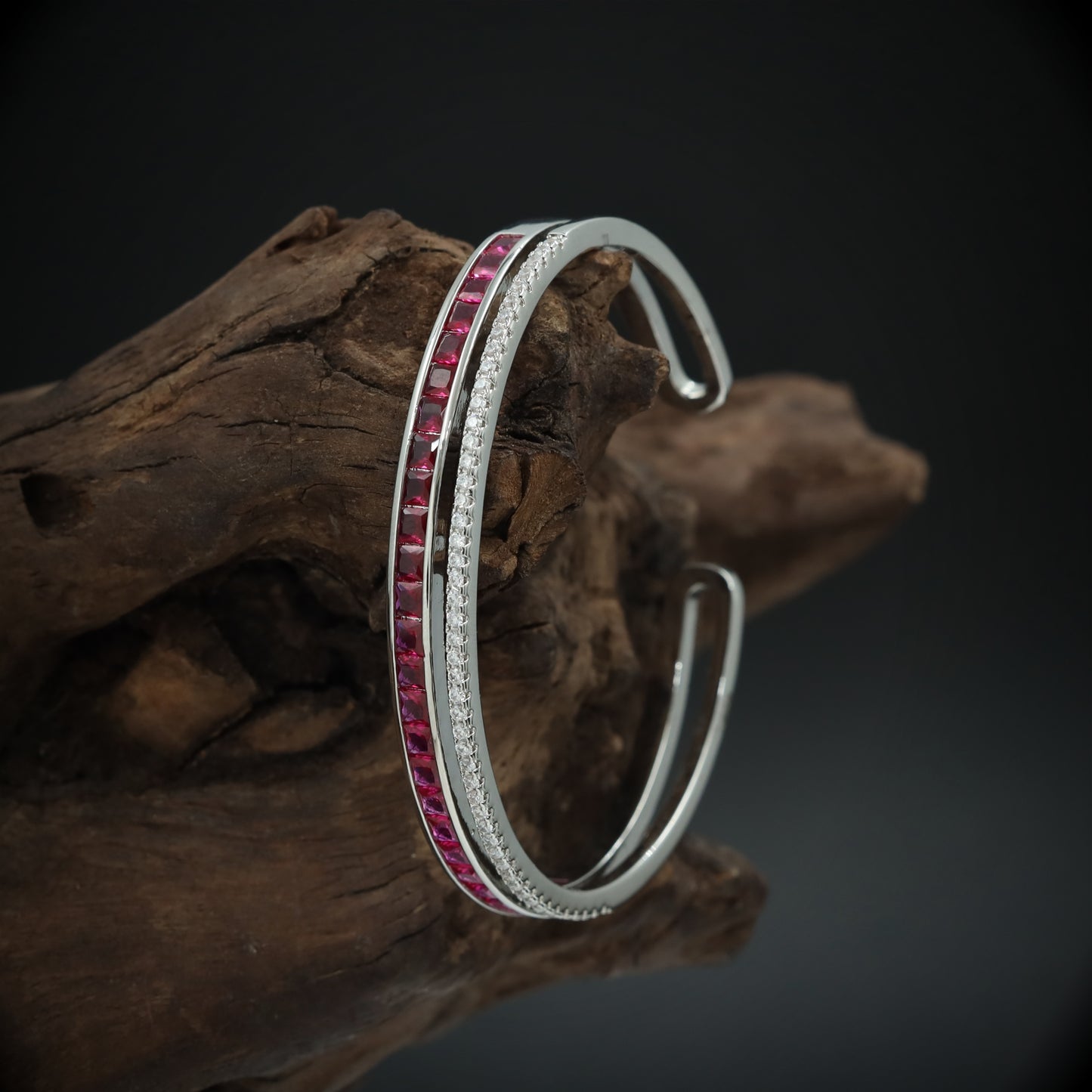 Sleek Dual Line Open Cuff Bracelet with Channel Set Accents and Studded Border