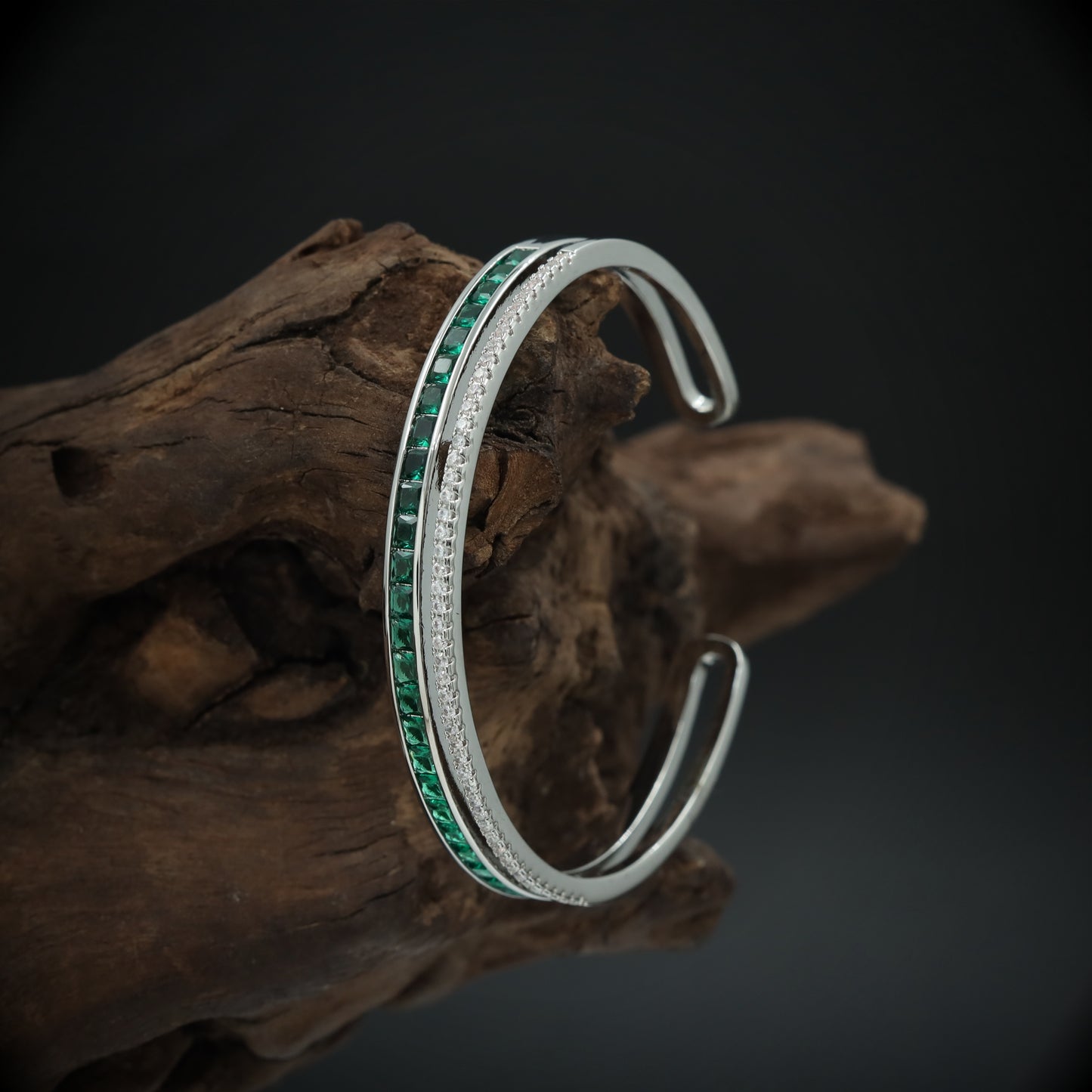 Sleek Dual Line Open Cuff Bracelet with Channel Set Accents and Studded Border