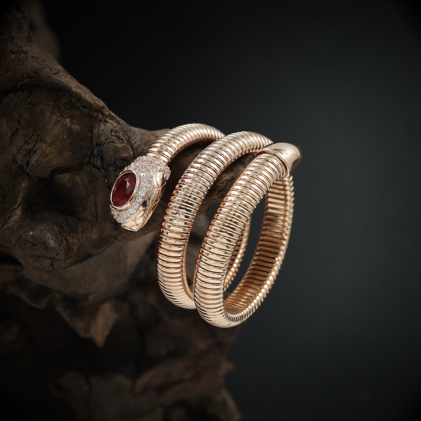 Serpentine Coil Bracelet with Ribbed Texture and Oval Accent Head