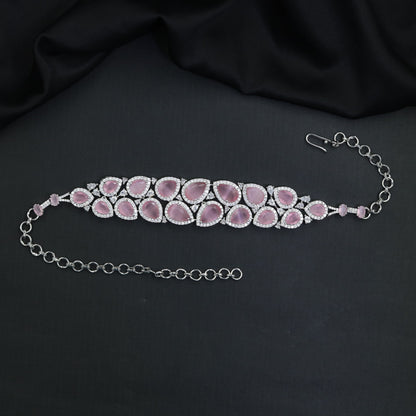 Grand teardrop Rhodium Choker with repeating framed elements and structured openwork