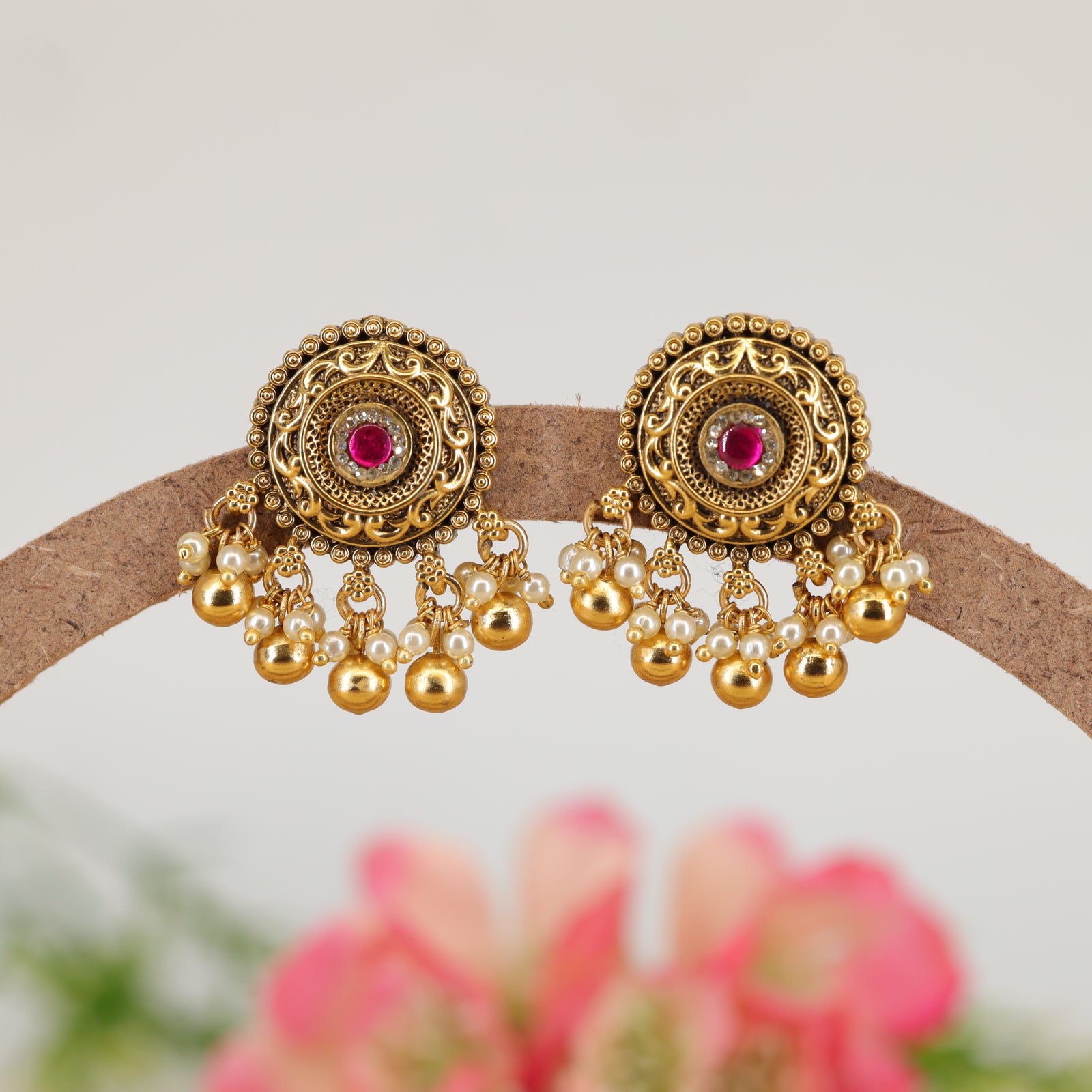 Ratnamandala Textured Round Stud with Gem Centrepiece and Hanging Pearl Tassels