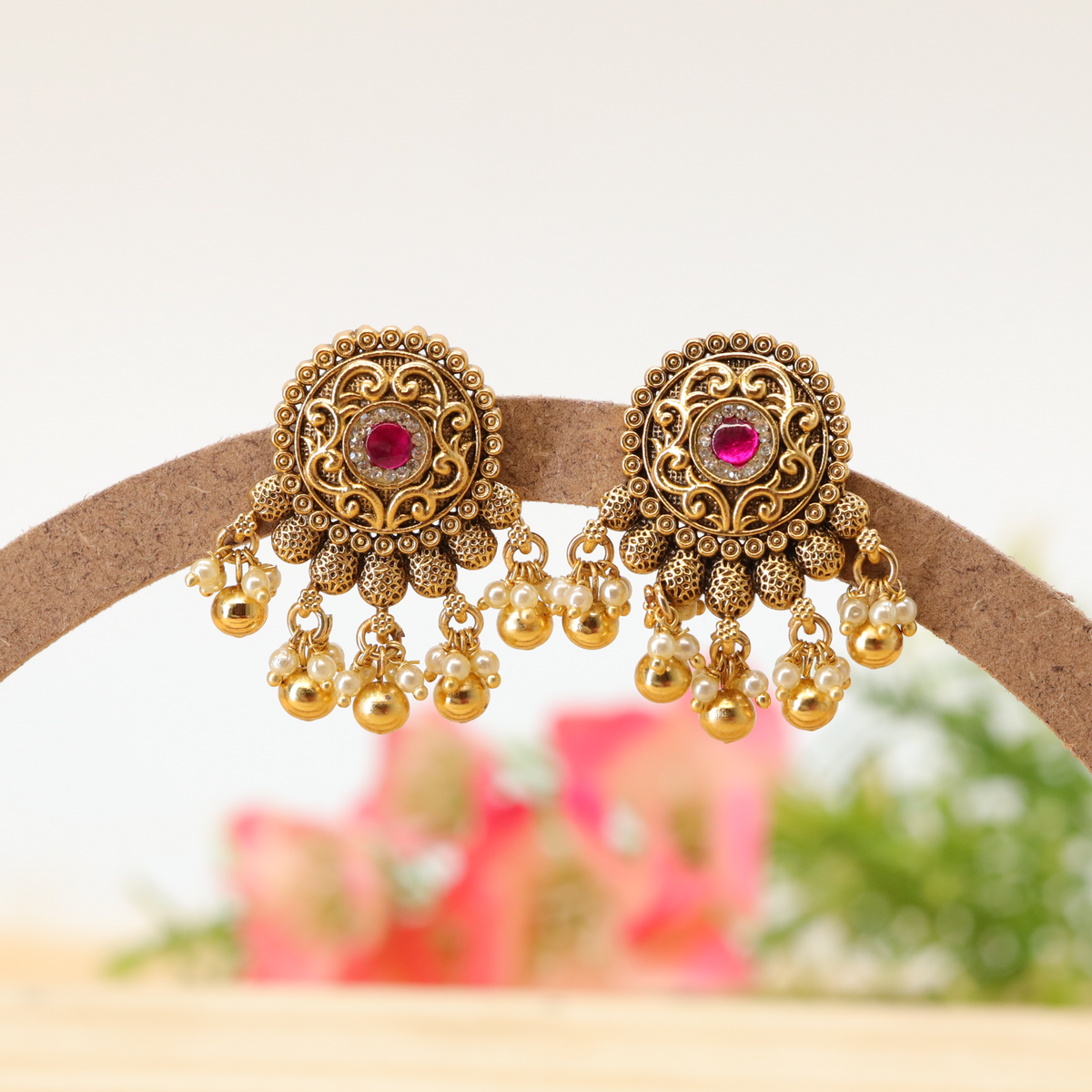 Devanshi Filigree Crest Stud with Framed Gem Centre and Pendant Bead Fringe