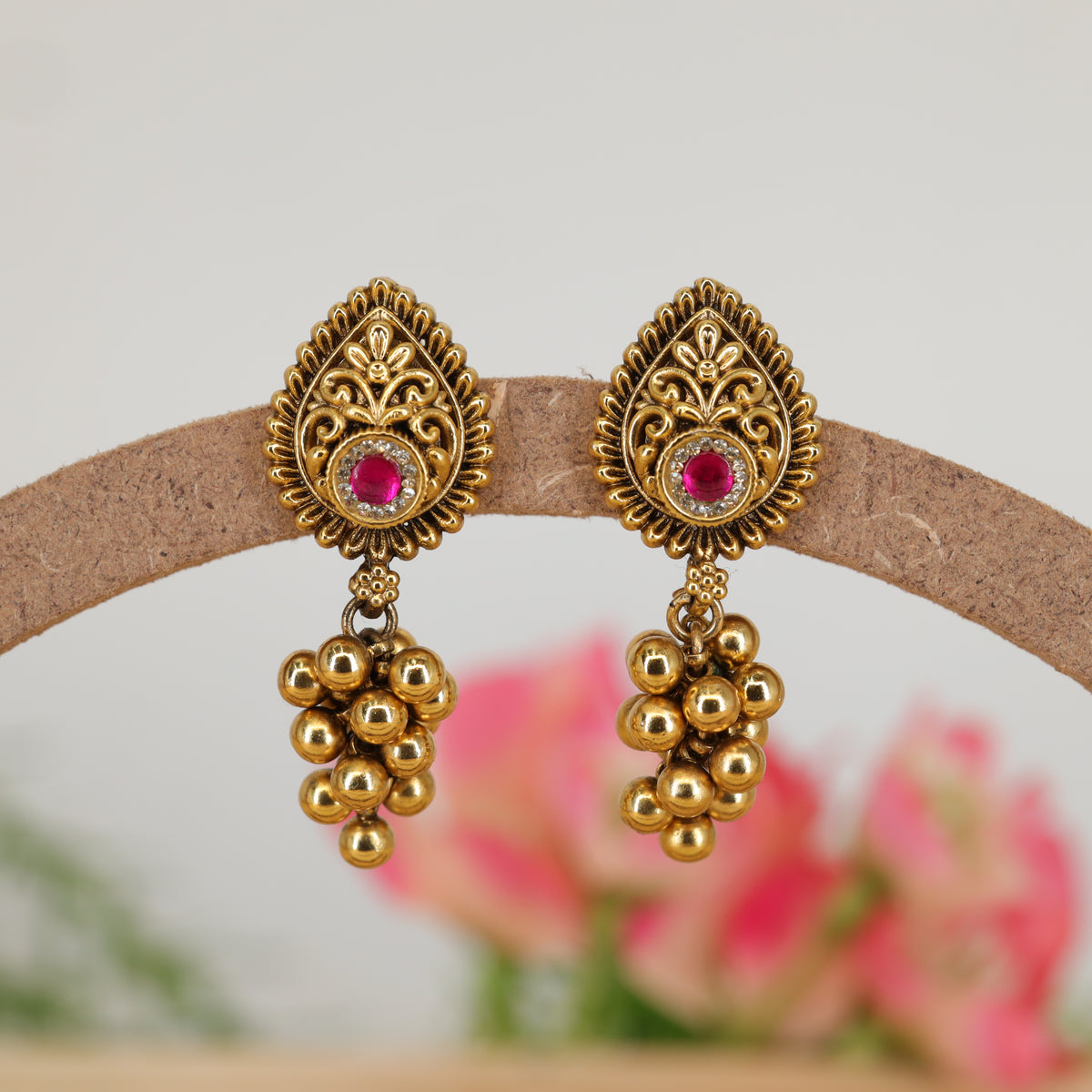 Teardrop Stud with Gold Ball Cluster Drops