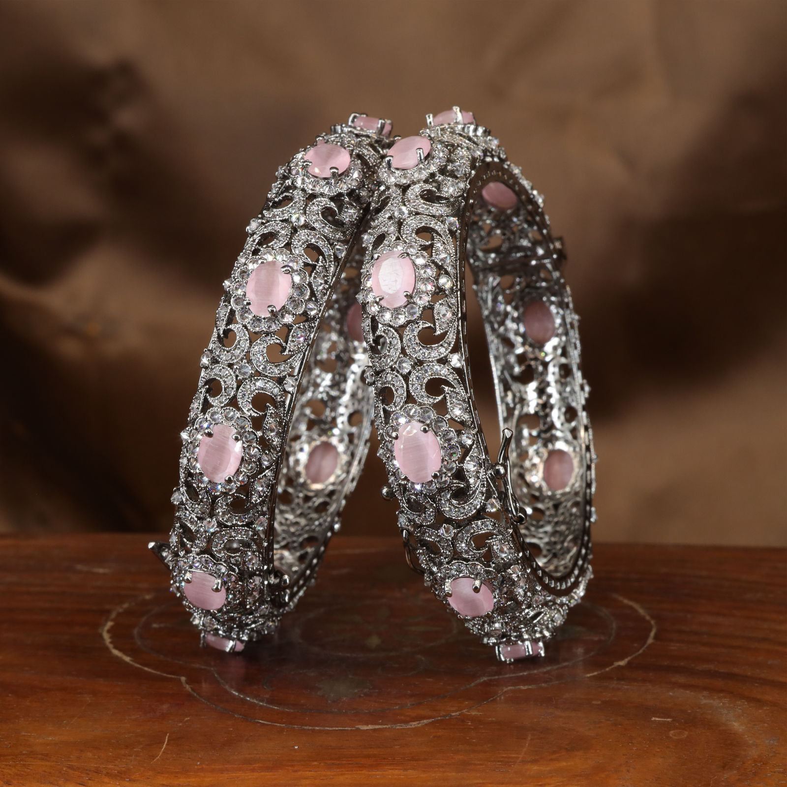 Grand Occasion Crytalstal Bangles with Sculpted Ornamental Panels