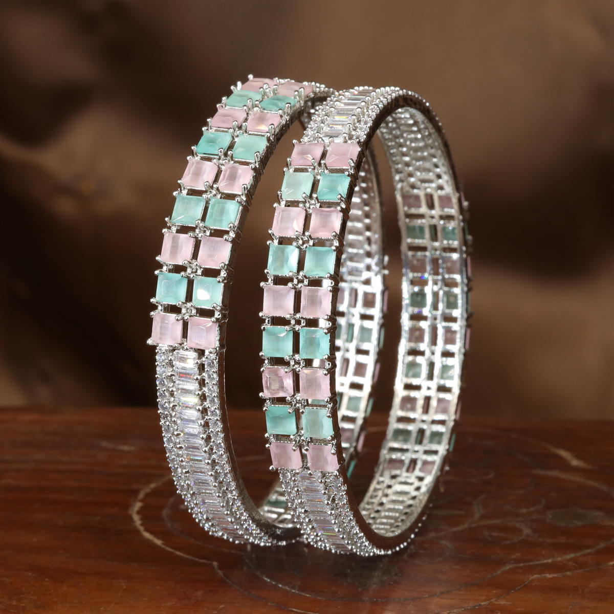 Ornamental Grid Style Bangles with Square Link Detailing