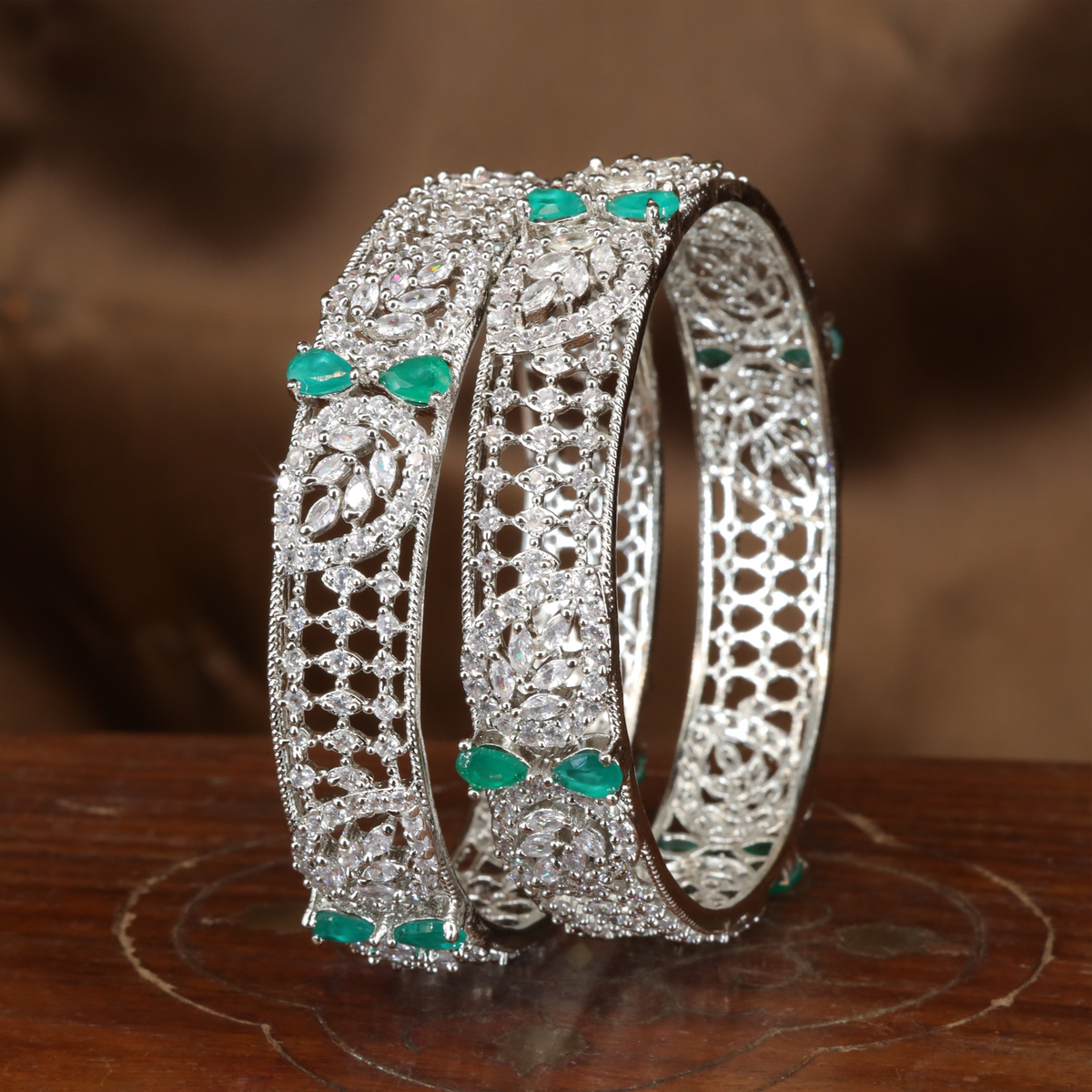 Refined Honeycomb Frame Bangles with Floral Accent Clusters