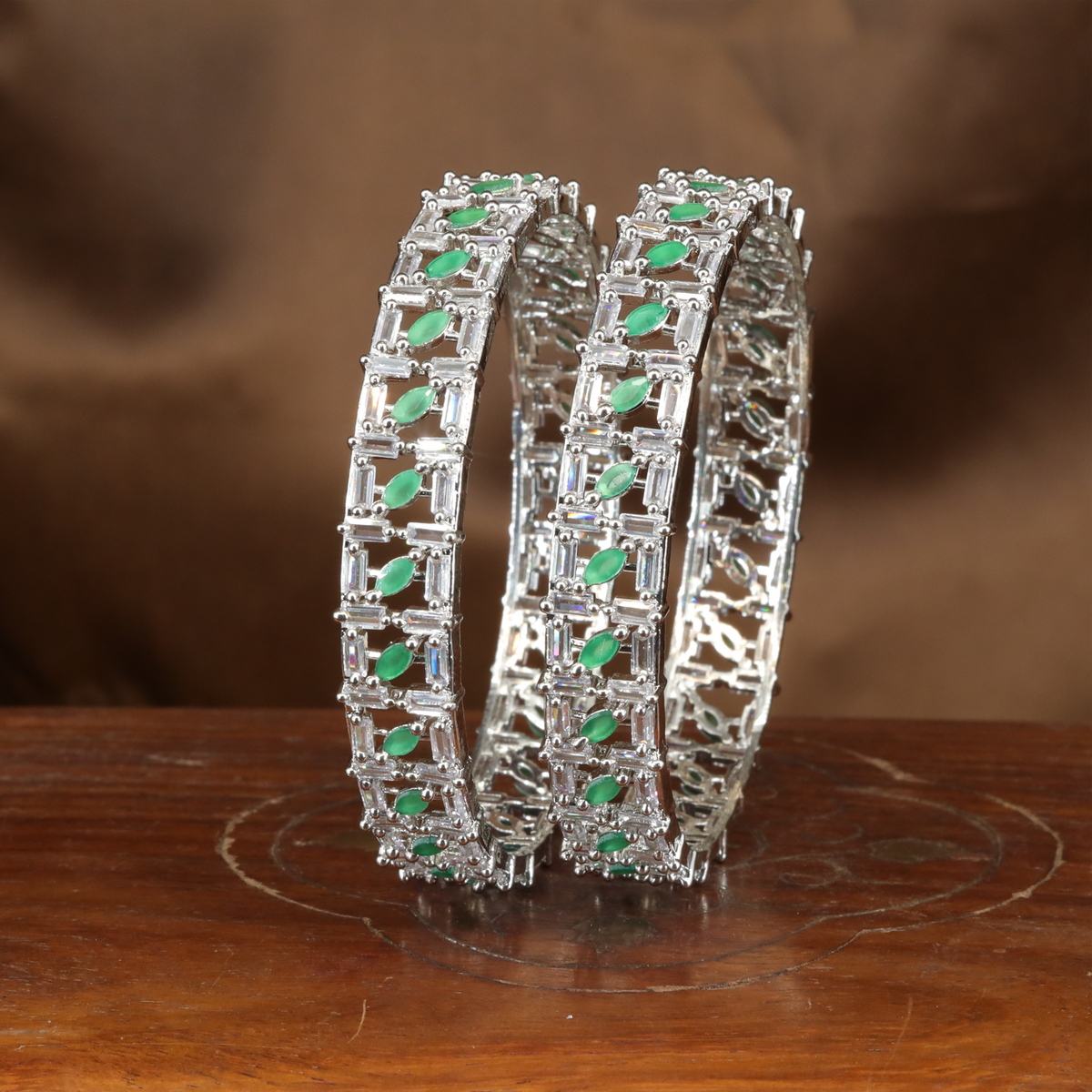 Refined Grid Pattern Bangles with Oval Accent Panels