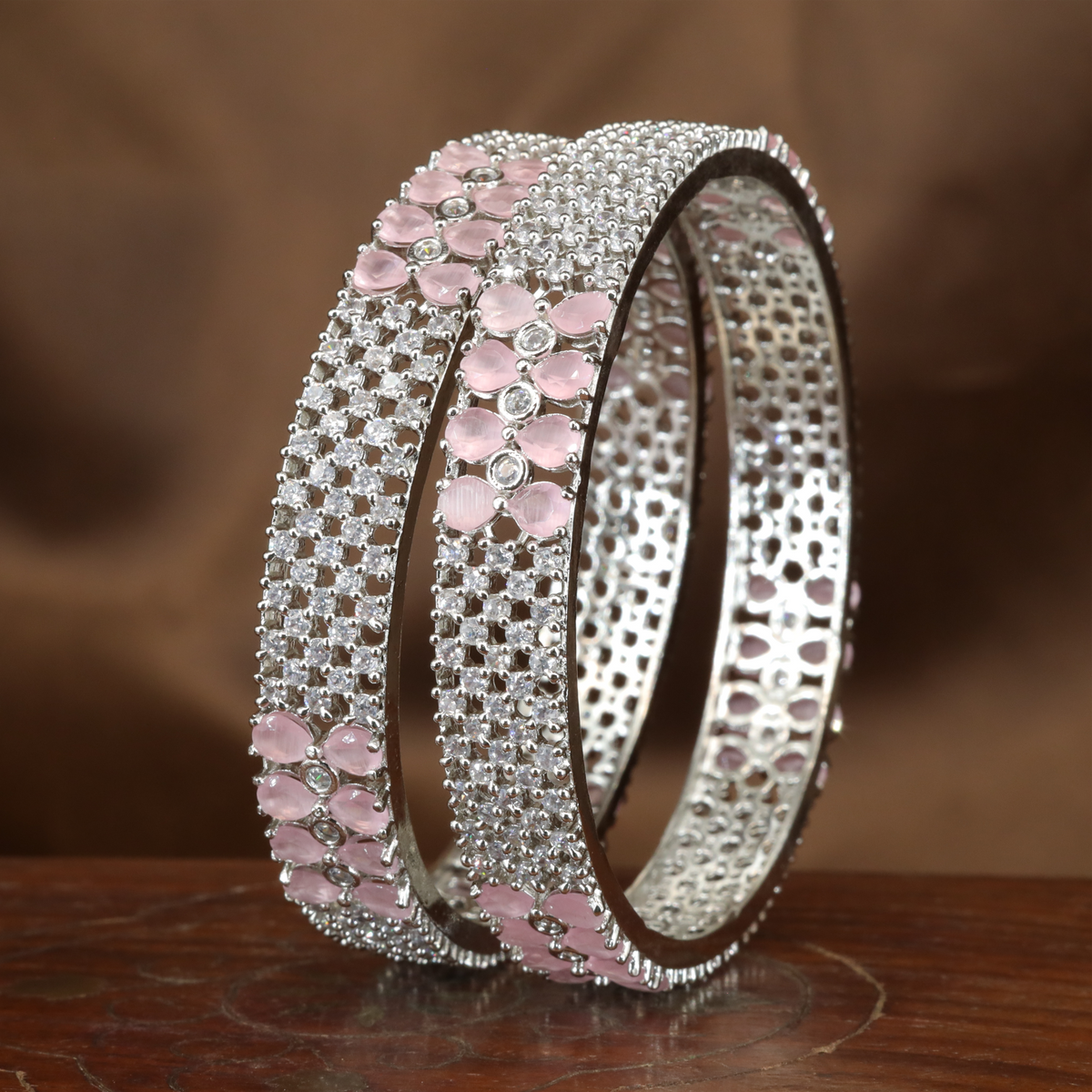 Intricate Mesh Pattern Rhodium Bangles with Clustered Oval Highlights
