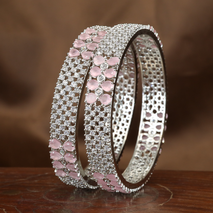 Intricate Mesh Pattern Rhodium Bangles with Clustered Oval Highlights