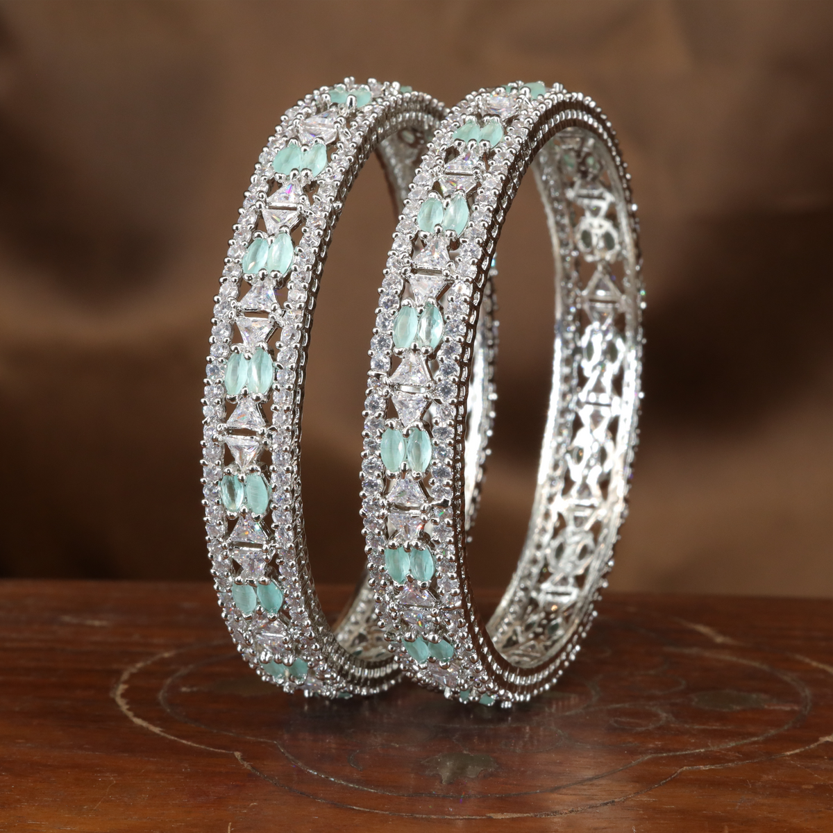 Grand Lattice Detail Rhodium Bangles with Repeating Motif Sections
