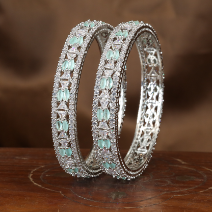 Grand Lattice Detail Rhodium Bangles with Repeating Motif Sections