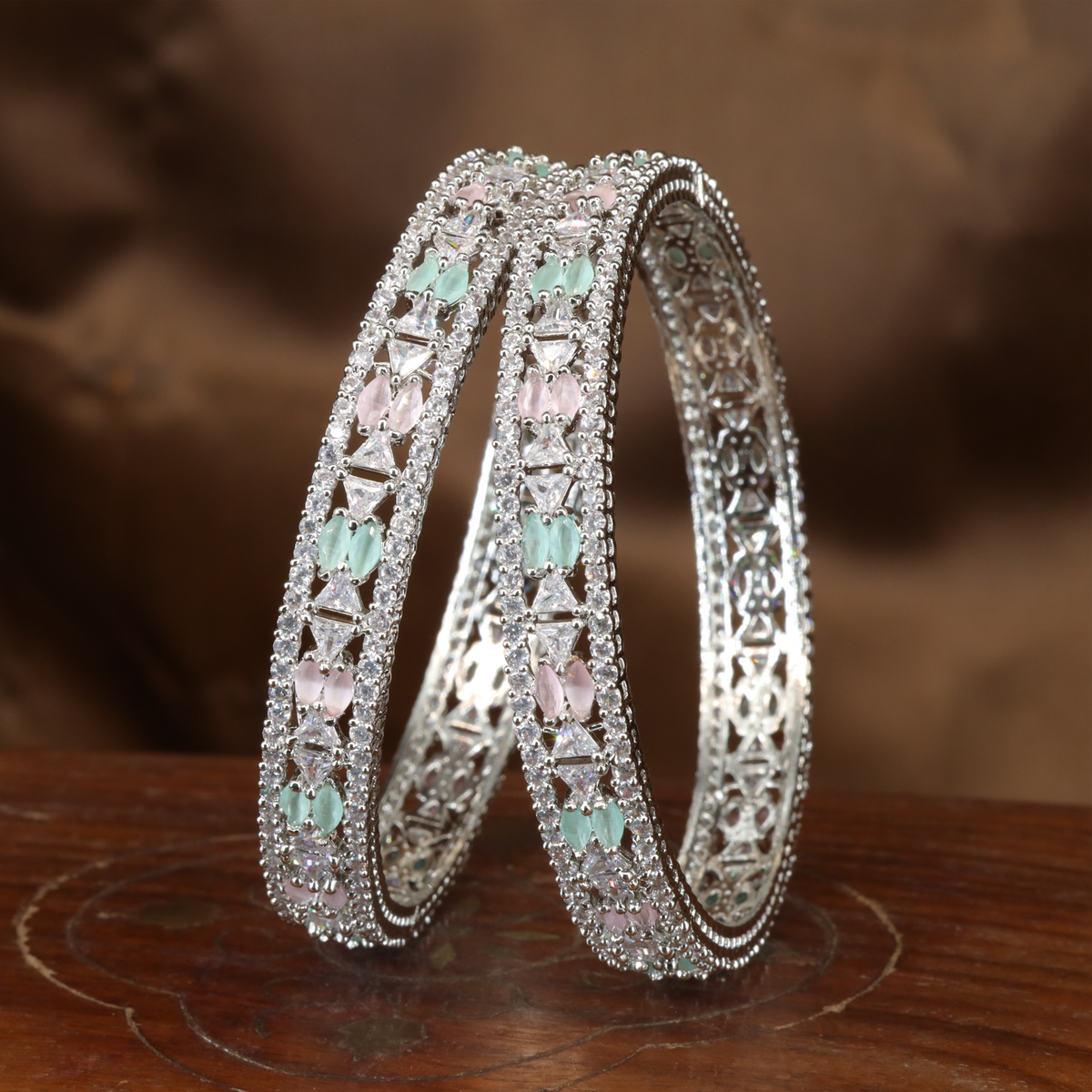 Grand Lattice Detail Rhodium Bangles with Repeating Motif Sections