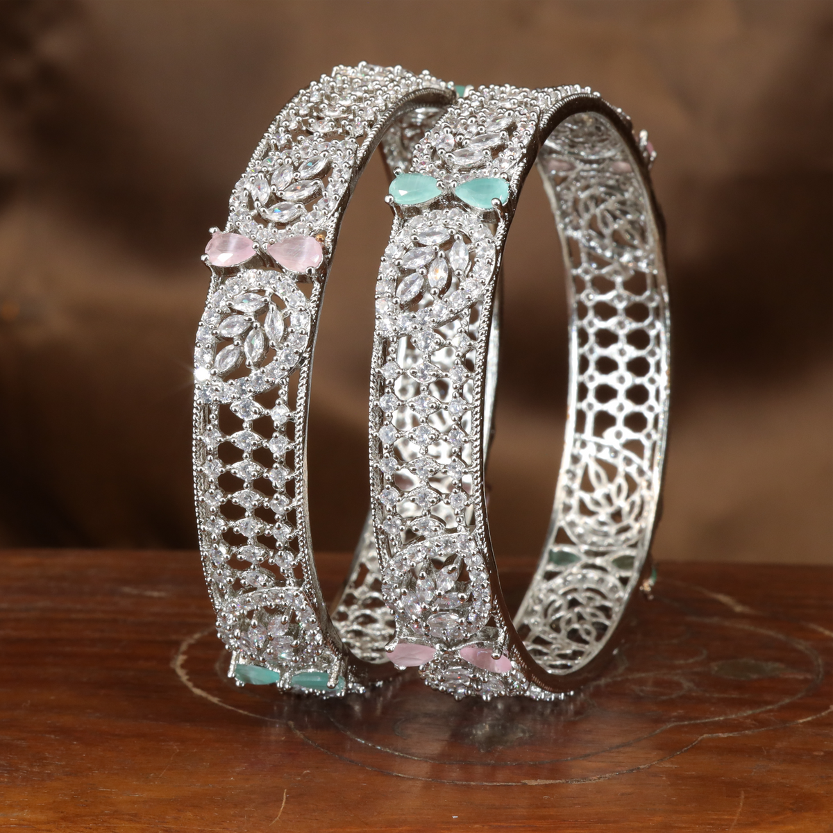 Refined Honeycomb Frame Bangles with Floral Accent Clusters