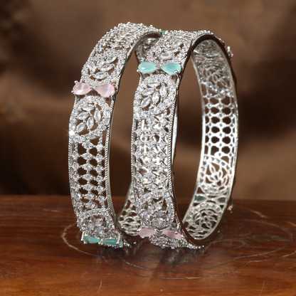Refined Honeycomb Frame Bangles with Floral Accent Clusters