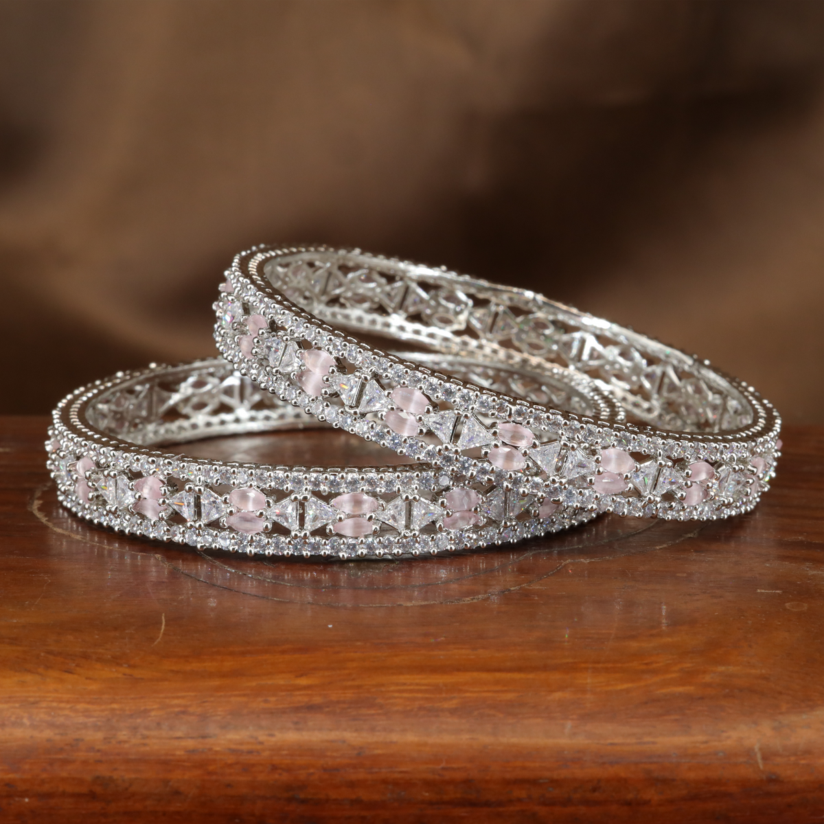 Grand Lattice Detail Rhodium Bangles with Repeating Motif Sections