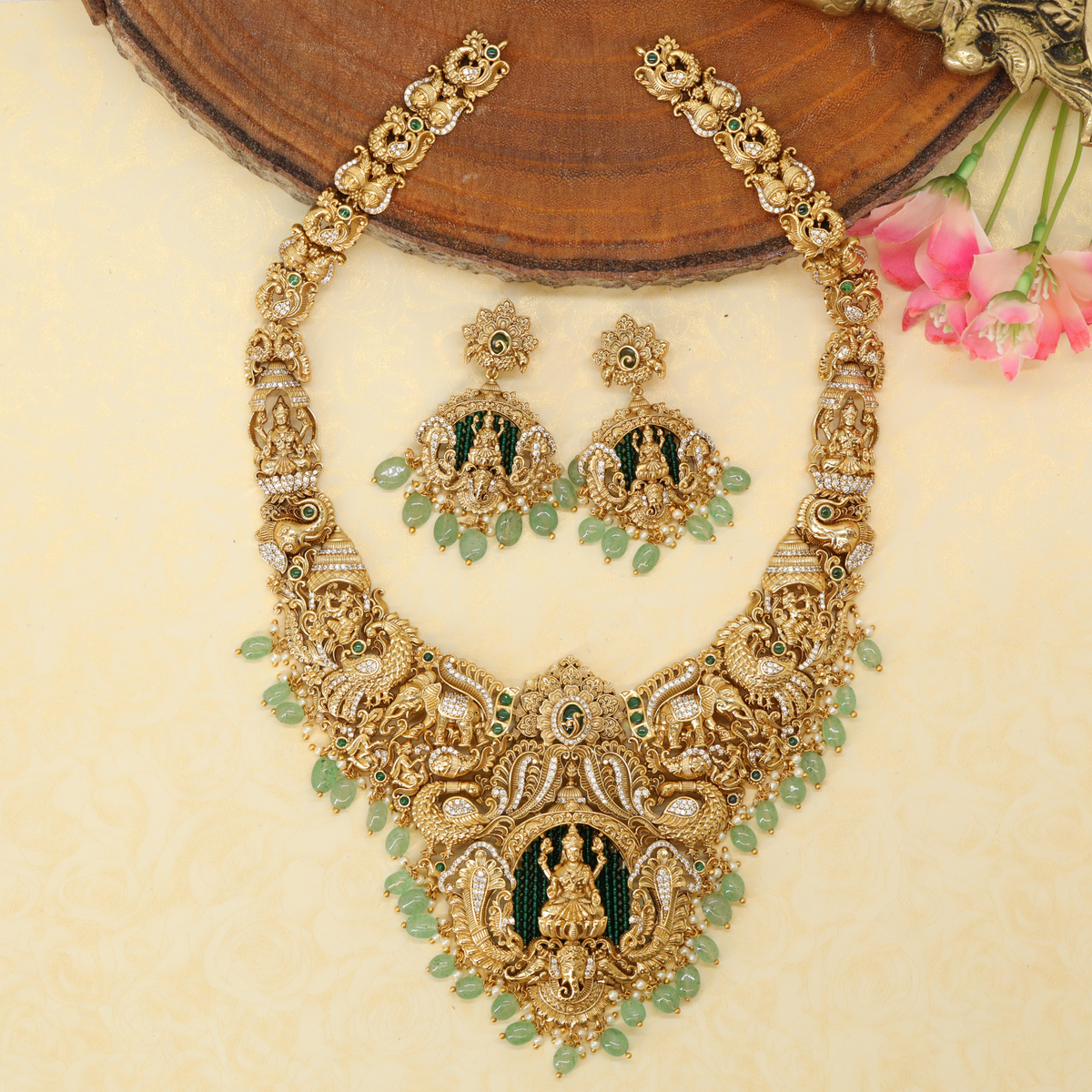 Bhargavi Gaja Vinyasa Long Haara with Raised Narrative Links and Bead Fringe