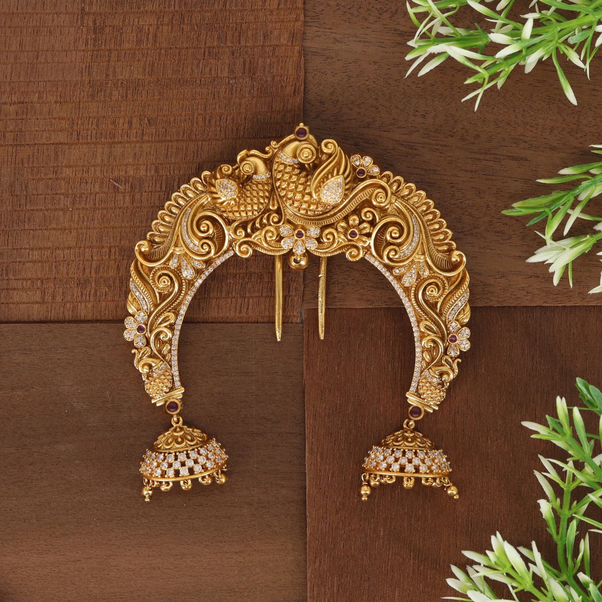 Sculpted Peacock Arch Hair Accessory with Intricate Scrollwork and Jhumka Drops